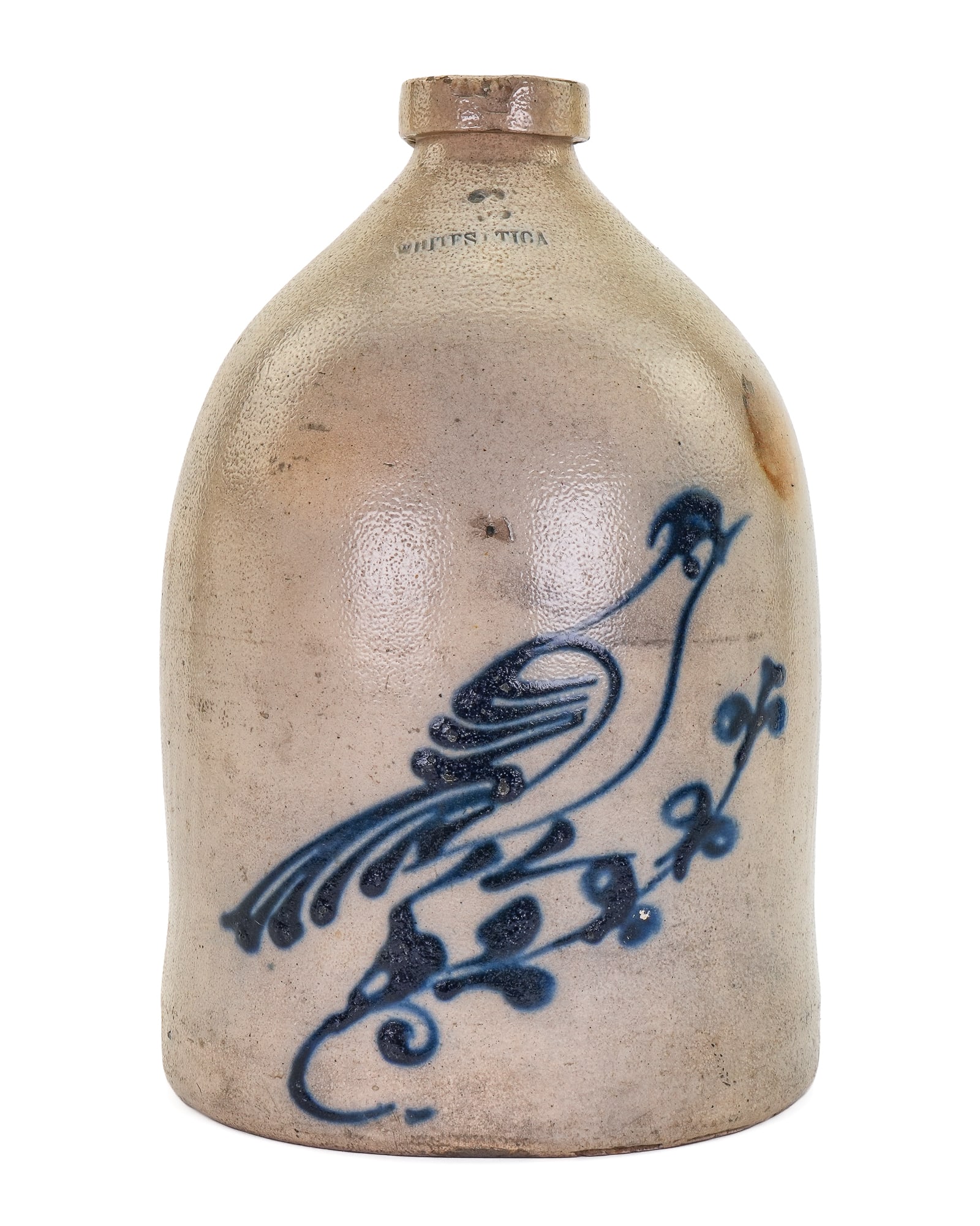 White's Utica Bird Decorated Jug: White's Utica 2 gallon blue bird decorated jug, stylized bird on a branch, ht 14", diameter 9", underglaze nick on rim in manufacture