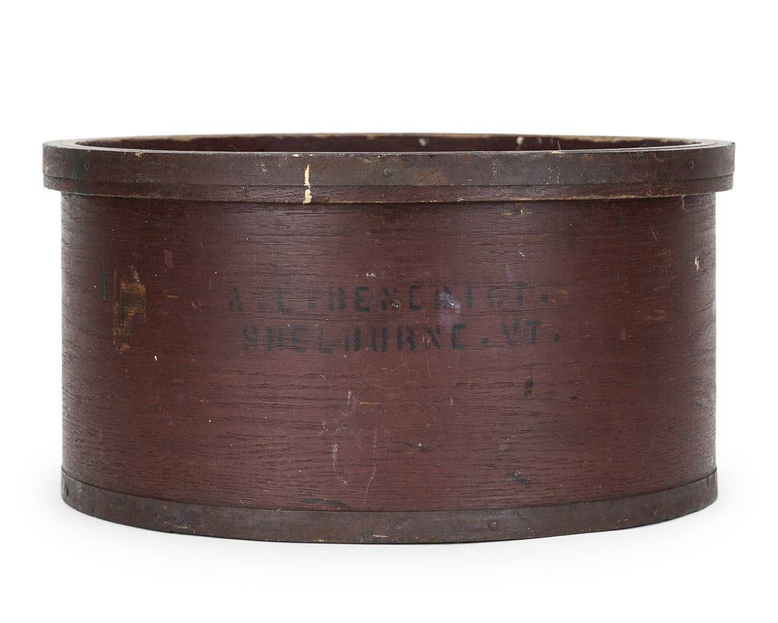 E B Frye Grain Measure: E B Frye, Wilton, NH grain measure in old red paint, stenciled name "A L Benedict, Shelburne, VT" (Arthur Lorenzo Benedict 1862-1943, buried in the Shelburne Village Cemetery), diameter 15", ht 8"