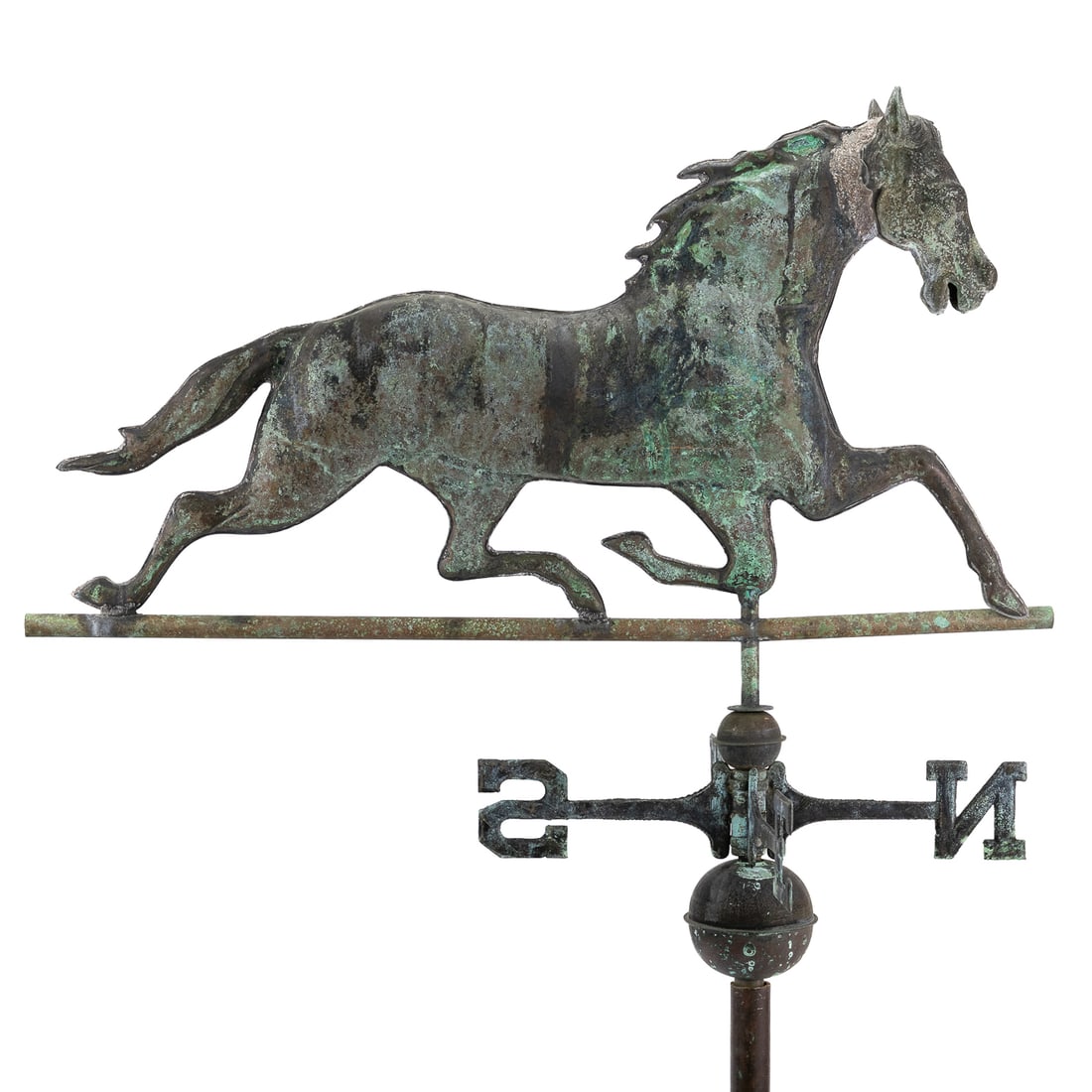 20th c Copper Running Horse Weathervane: 20th c full bodied copper running horse weathervane, zinc head, length 31", length of lower bar 33", with cardinal points, excellent verdigris patina