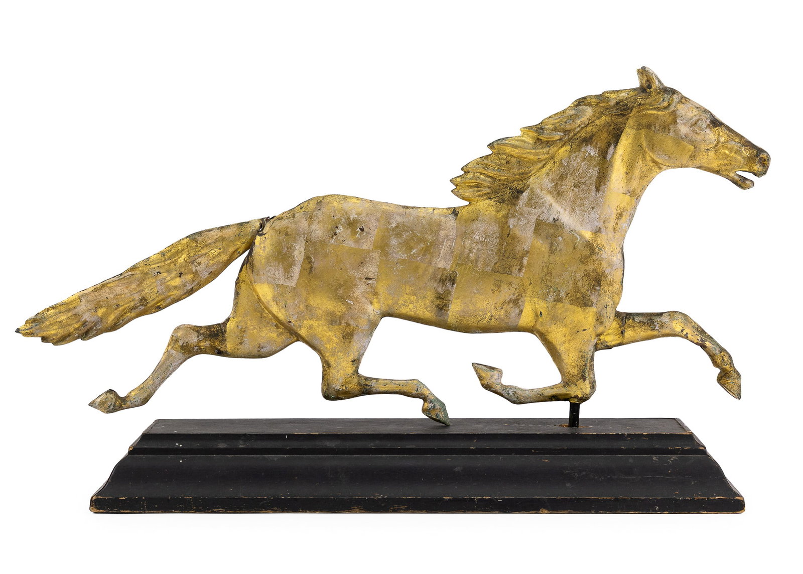 Copper Running Horse Weathervane: Gilt copper running horse weathervane, early 20th c, tail needs soldering, dent in front leg, length 31"