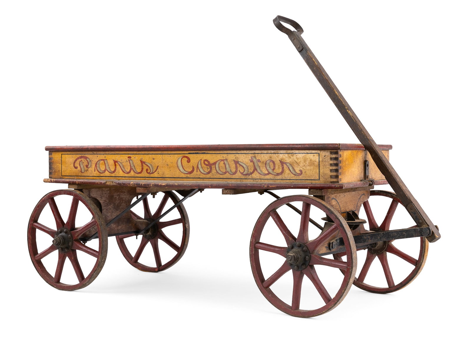 Ca 1900 Paris Coaster Wagon: Ca 1900 "Paris Coaster Wagon" wooden wagon, original paint and stencil, wooden brake lever, length 41"
