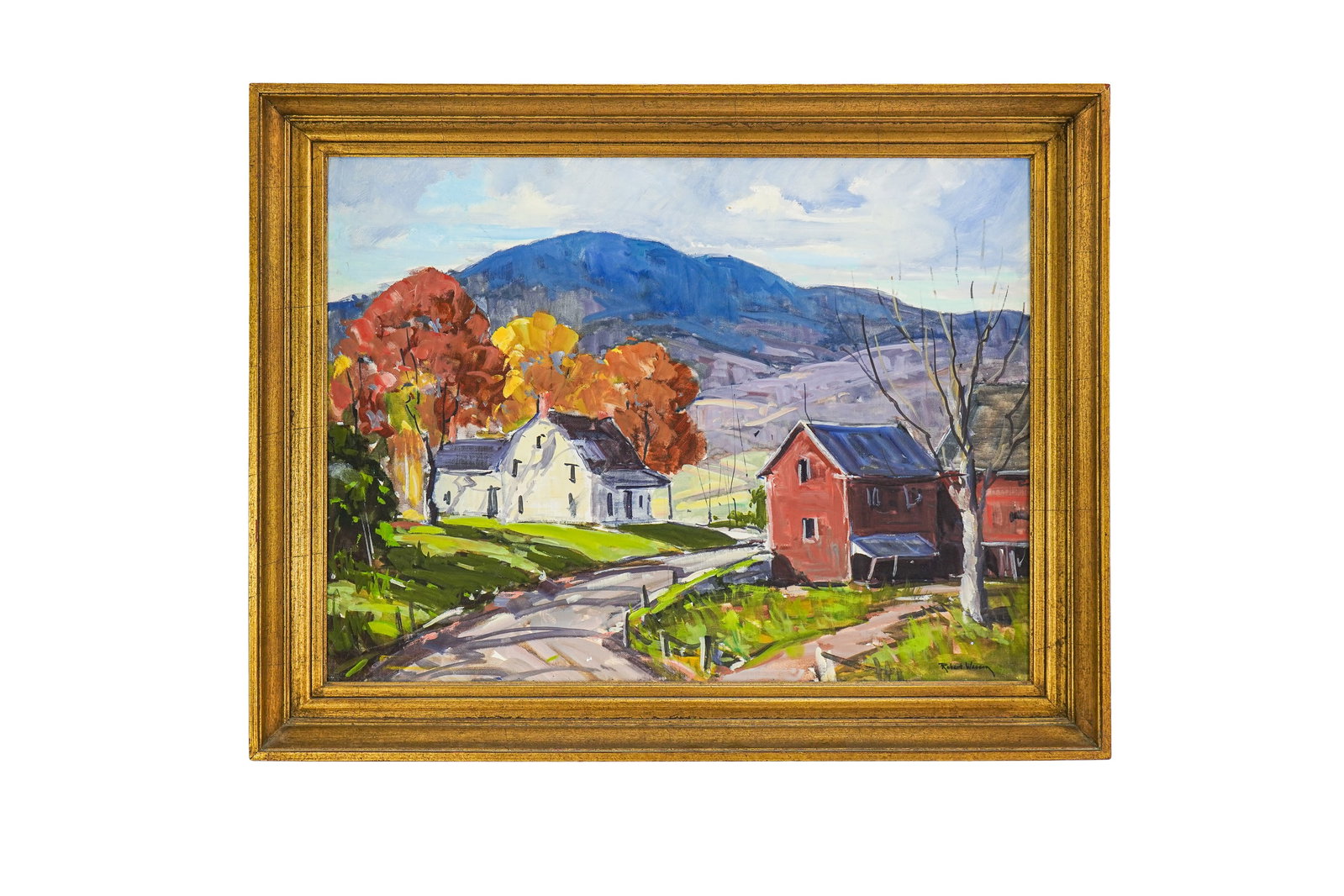 Robert Wesson ( VT 1902-1967) Autumn Landscape: Robert Wesson (Vermont 1902-1967) Autumn Landscape oil on board 18 x 24" 22 x 28" as framed.- Wesson was born in Worcester, Mass. and studied under Jay Hall Connaway. He is best known for his winter