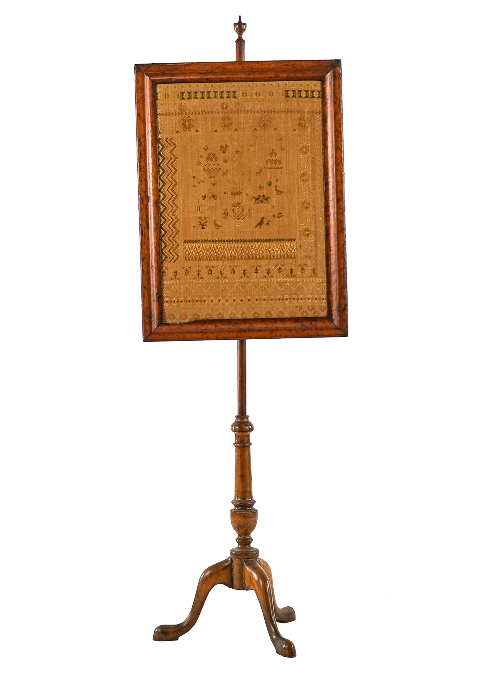 Queen Anne Style Firescreen with Period Sampler: Queen Anne style firescreen (ca 1940) with early 19th c English sampler in birdseye maple frame- 57" high frame 23 x 19"