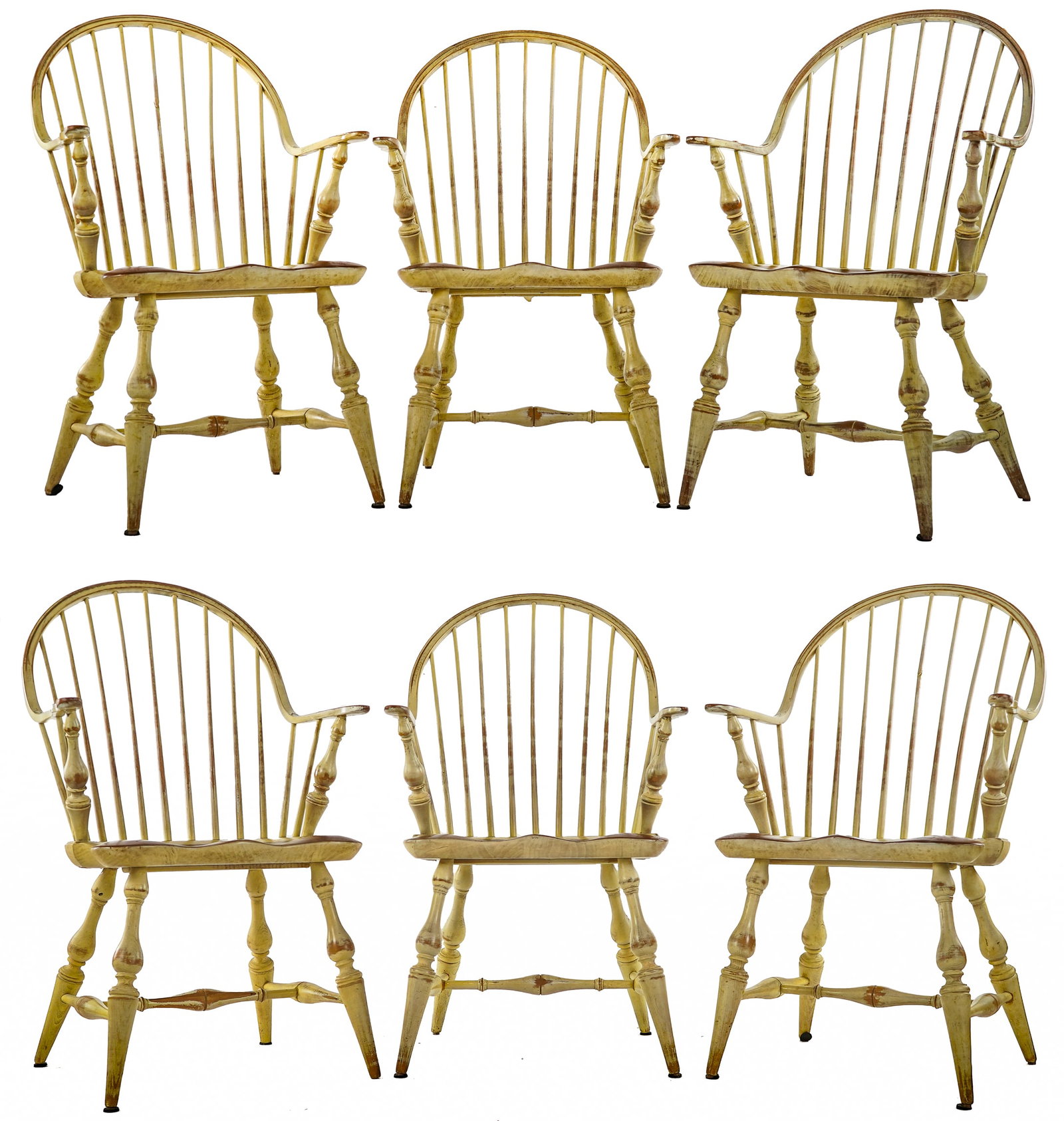 Six Custom Sack Back Windsor Armchairs: Six custom continuous arm sack back Windsor armchairs in an distressed finish, minor glue repairs and tightening throughout set, 37 x 24 x 20"