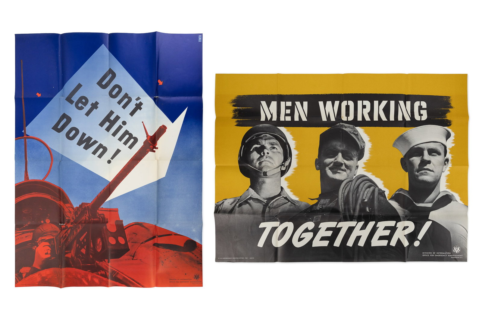Two WWII Homefront Posters- Don't Let them Down and Men Working Together: Two WWII Homefront / Propaganda Posters- "DON'T LET HIM DOWN!" 40 x 29.75" New Old Stock condition, Folds as issued, minor tears on folds at 4 points, light toning. "MEN WORKING TOGETHER" 29.75 x 40" 