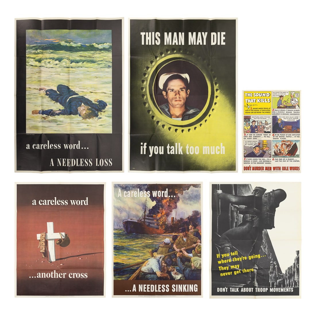 Six WWII Homefront Posters- The Sound that kills, A Careless Word, If You Tell...: Six WWII Homefront / Propaganda Posters- "A Careless Word.. A Needless Loss" OWI Poster 36-40 x 28" ; " If you tell where they are going they may never get there- Don't Talk About Troop Movements" OWI
