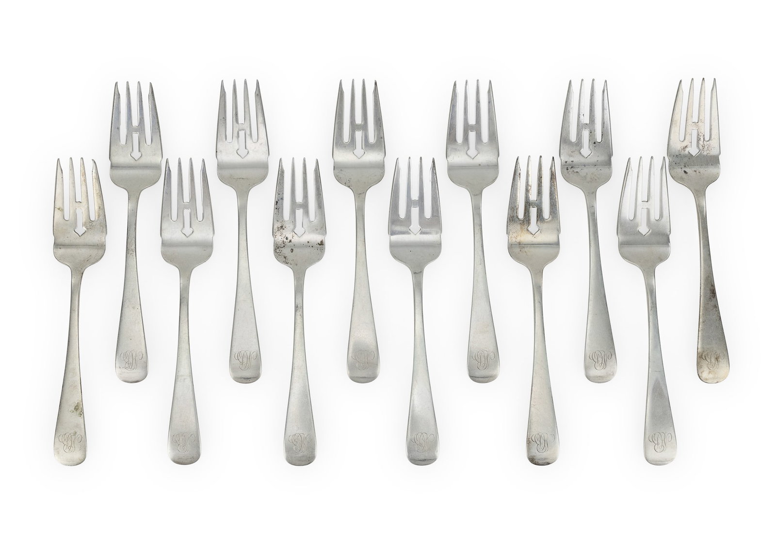 12 Dominick and Haff Sterling Dessert Forks: Set of 12 Dominick and Haff sterling silver dessert forks having cursive script monograms 6.5" 12.6 ozt.