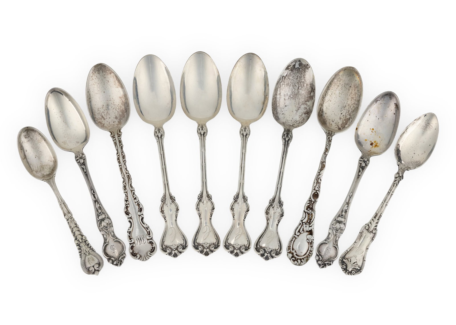 10 Ornate Sterling Teaspoons including Tiffany: Group of 10 late Victorian era sterling silver teaspoons in ornate patterns including Tiffany and Co. demitasse, 5 Whiting "Duke of York" pattern spoons, Whiting "Louis XV" spoon, and others 4.5"- 5.5