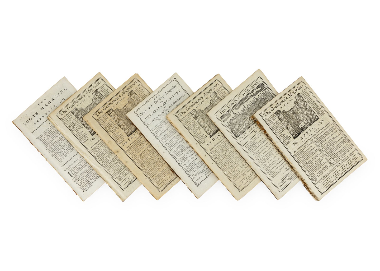 1774-1776 American Revolution British Magazines: 1774-1776 American Revolutionary War period British magazines (7 pcs), including Scotts Feb 1774 (p 100-103) Sons of Liberty, Gentleman's Magazine August 1775 (p 351-360) Necessity of taking up arms a