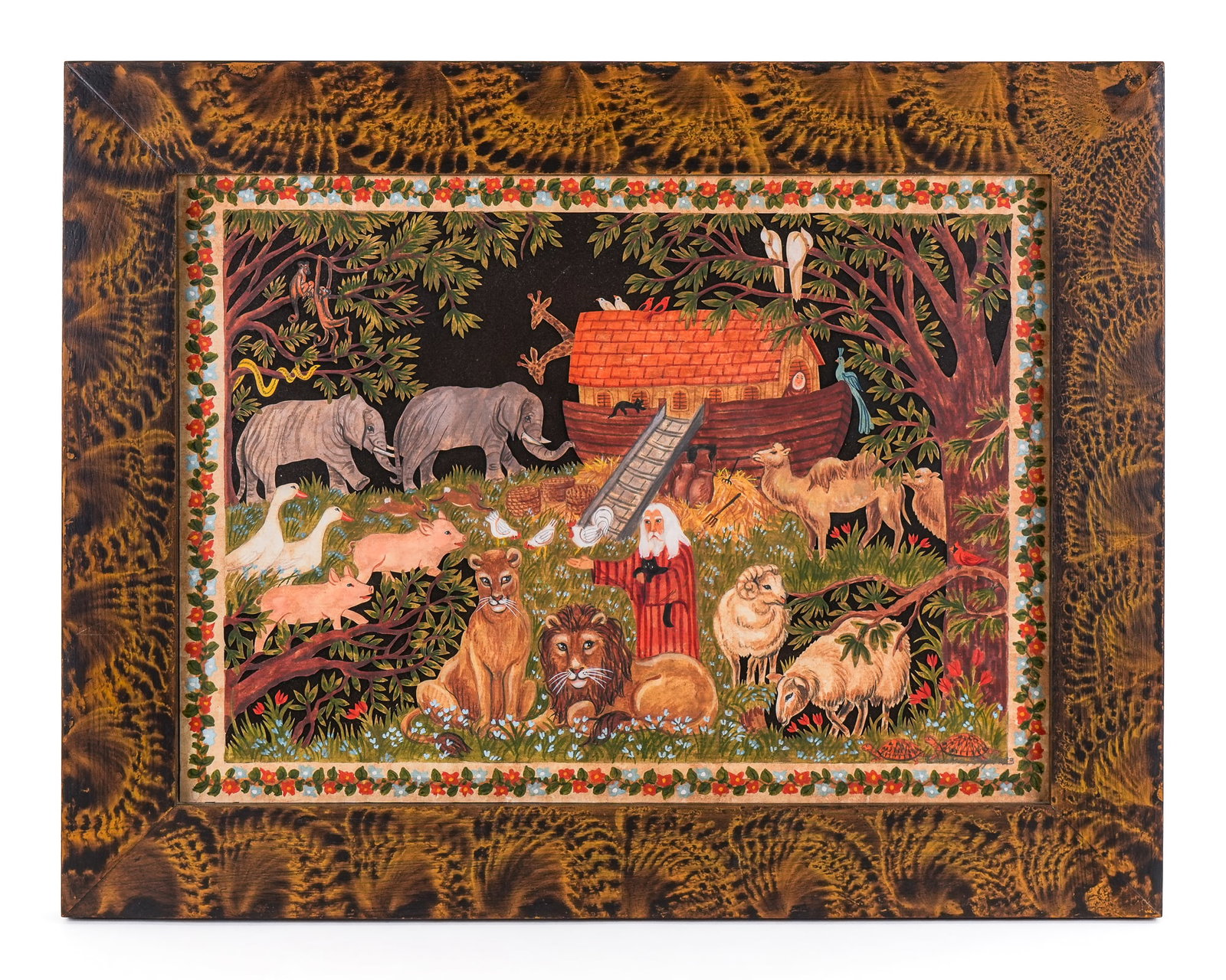 Claudia Hopf Noah's Ark Scherenschnitte: Late 20th c Claudia Hopf (Kennebunk, Maine) Scherenschnitte Noah's Ark, cut paper, painted watercolors, in sponge grain painted frame, labeled on reverse, sight 9 1/2" x 13", overall 13 1/4" x 17"