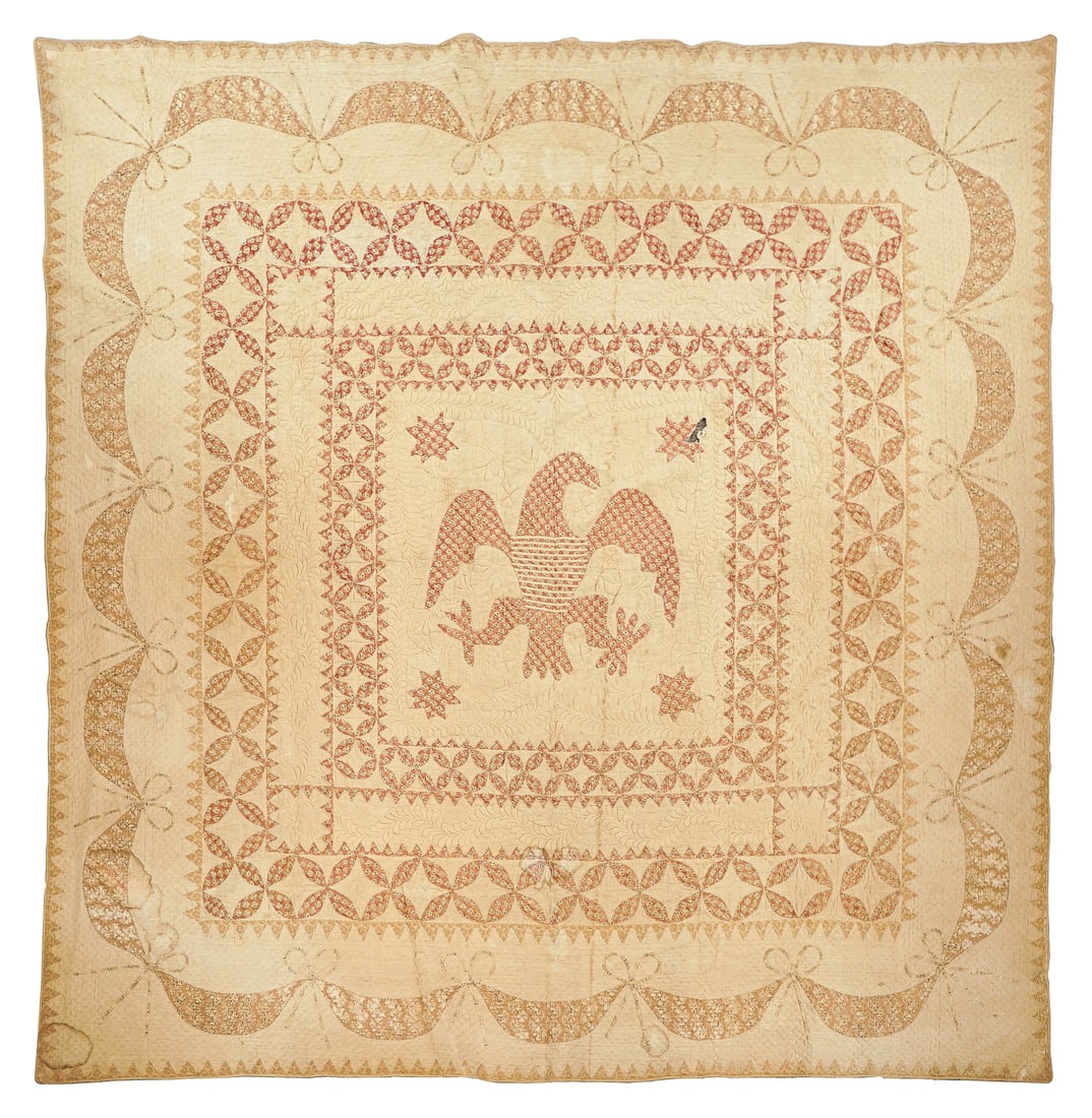 Early 19th c Federal Eagle Quilt: Early 19th c patriotic quilt with Federal eagle, stuffed-work quilting, some sun fade, mouse hole, stain, 8' x 8' 2" (96" x 98")