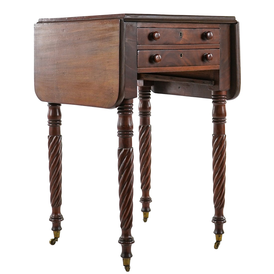 19th c Mahogany drop leaf work table: 19th c Mahogany drop leaf sewing or work table with rope twist legs, two drawers work basket missing . 29 x 18 x 18" leaves 9.5"