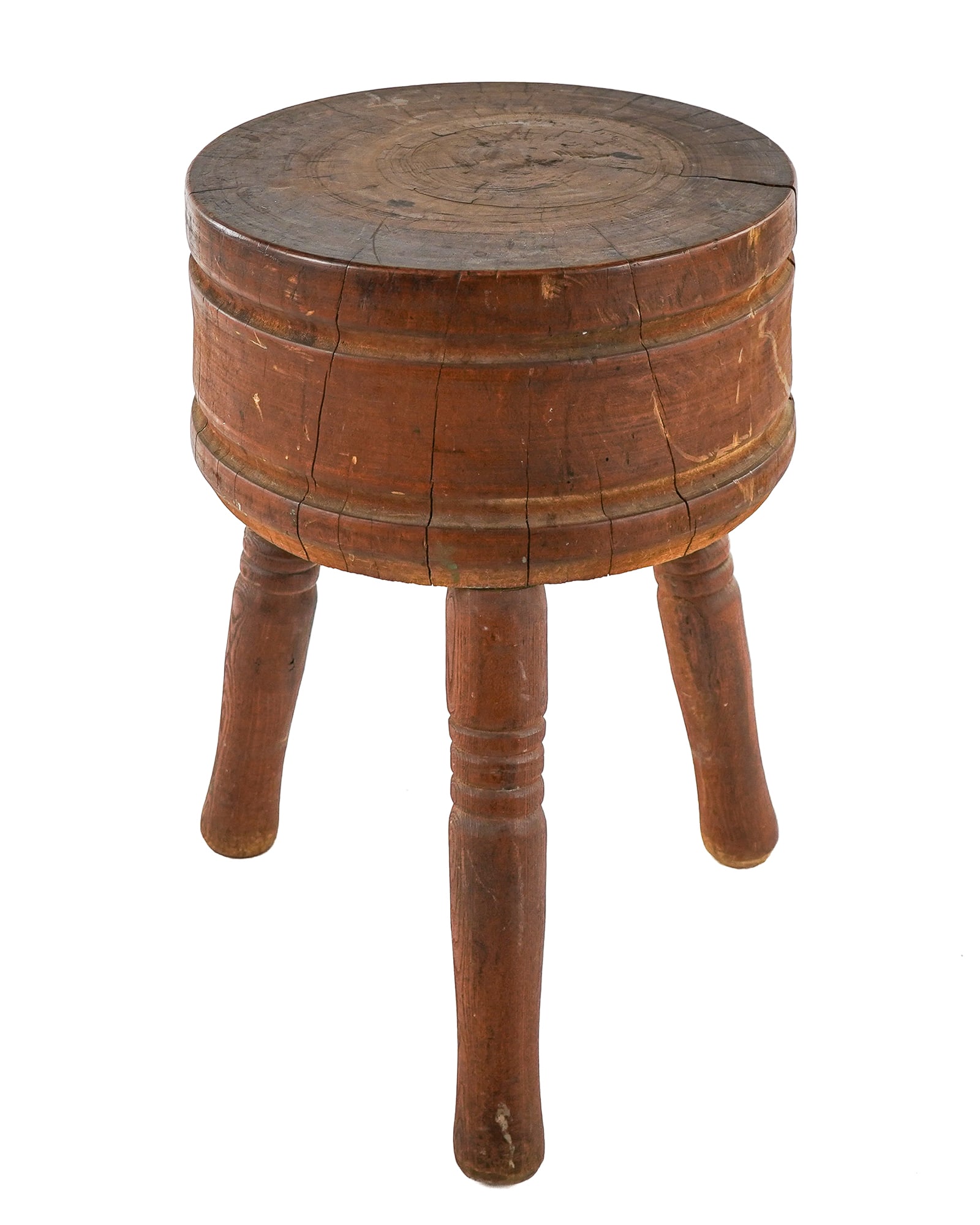 19th c Maple round butcher block: 19th c Maple Round butcher block -body turned from single tree, three turned /applied legs. -32 x 22" please note size and weight when bidding and make appropriate arrangements.