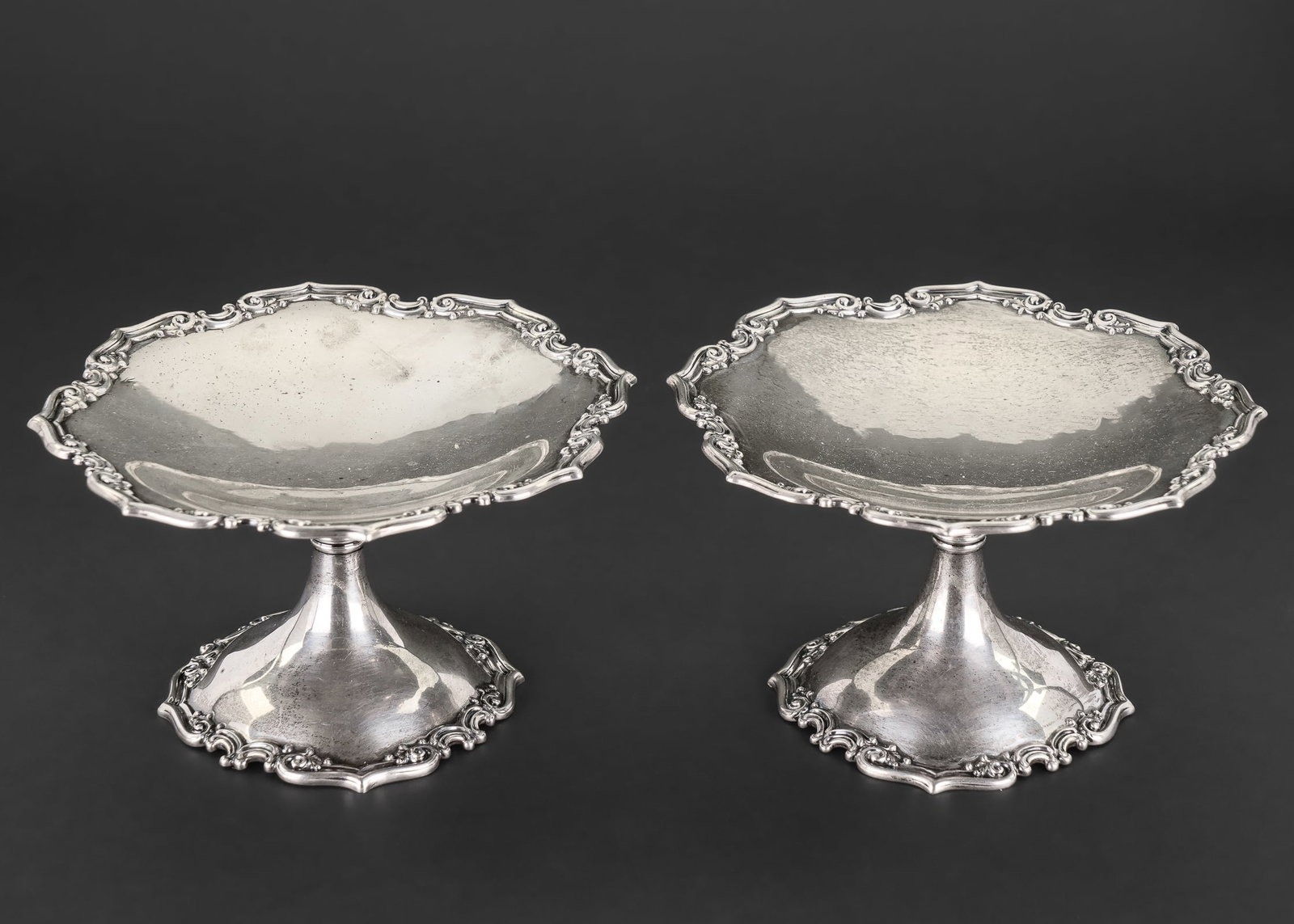 Pair of Gorham Edwardian Sterling Tazzas: Pair of Gorham Edwardian era sterling silver tazzas with shaped Baroque style "pie crust" scalloped molded rims. 3" x 5" 7.6 ozt.