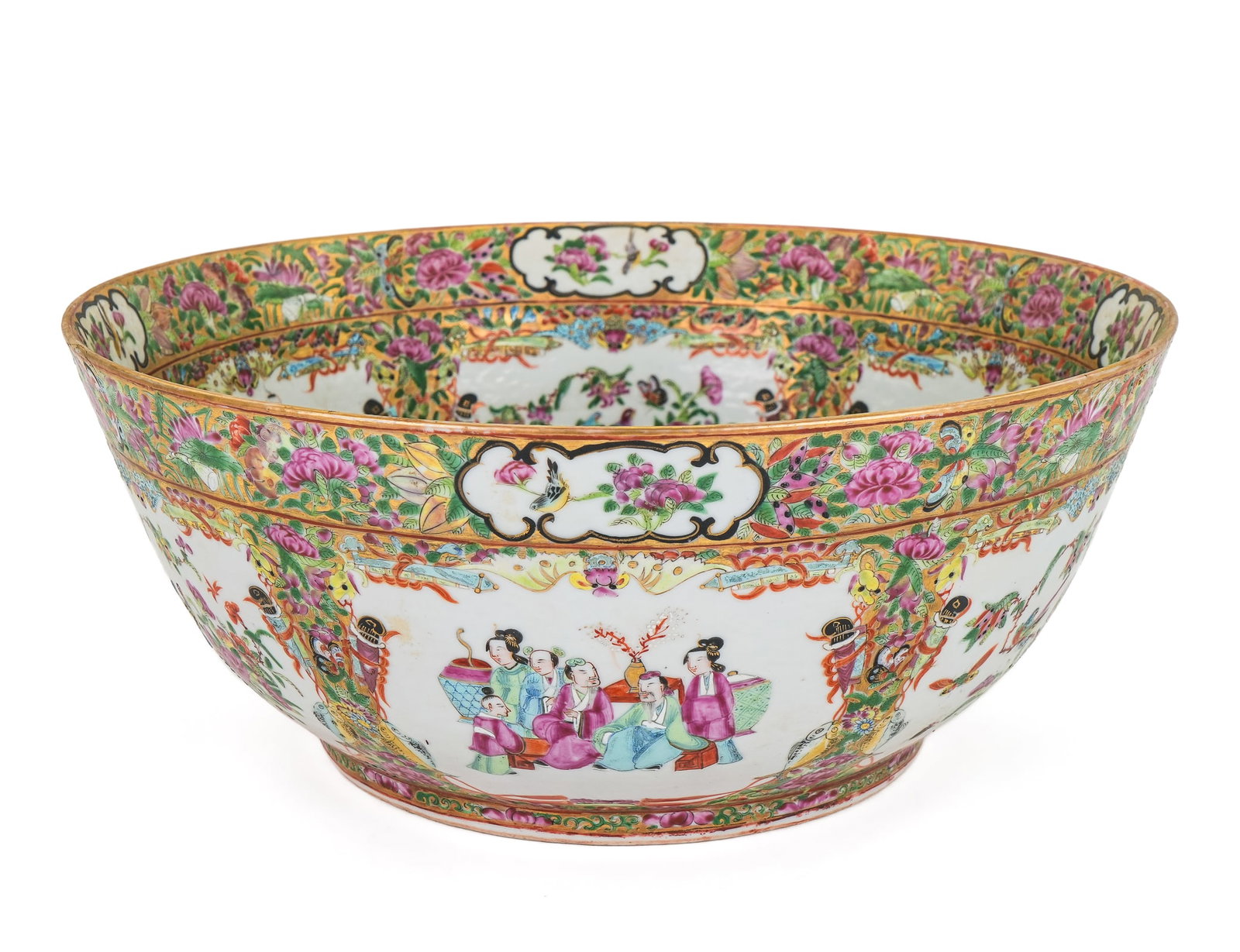 Chinese Rose Medallion Porcelain Punch Bowl: 19th c. Chinese Rose Medallion porcelain punch bowl having finely detailed hand painted enameled decoration of flowers, birds and figures 6" x 14.5" -slight minor rim nick and wear to gilding commensu