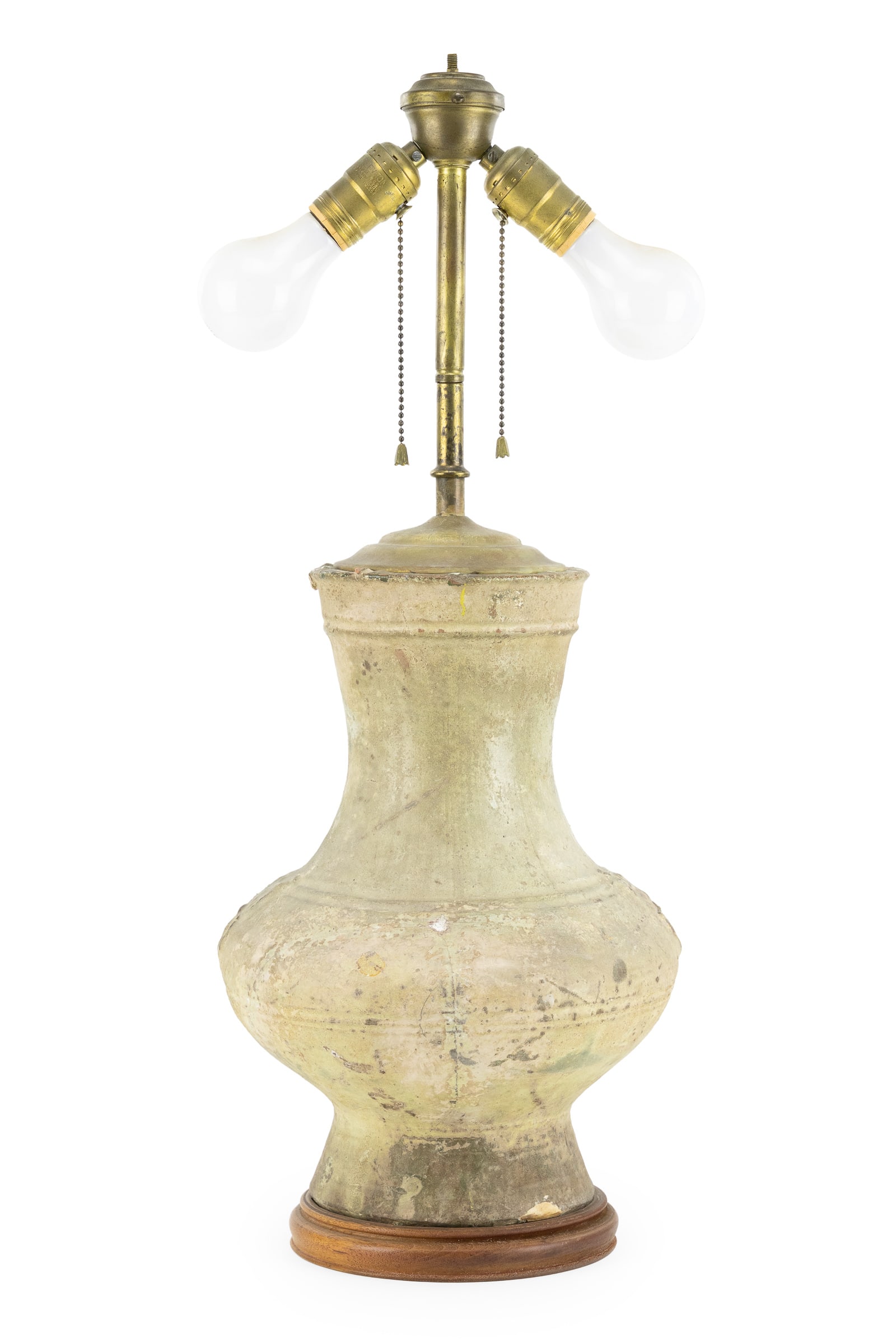 Chinese Han Dynasty Terracotta Pottery Vase: Chinese Han Dynasty terra cotta pottery vase in heavily textured green glaze having simulated ring handles, drilled and converted into a table lamp, rim chip under collar, check and and nick to one si