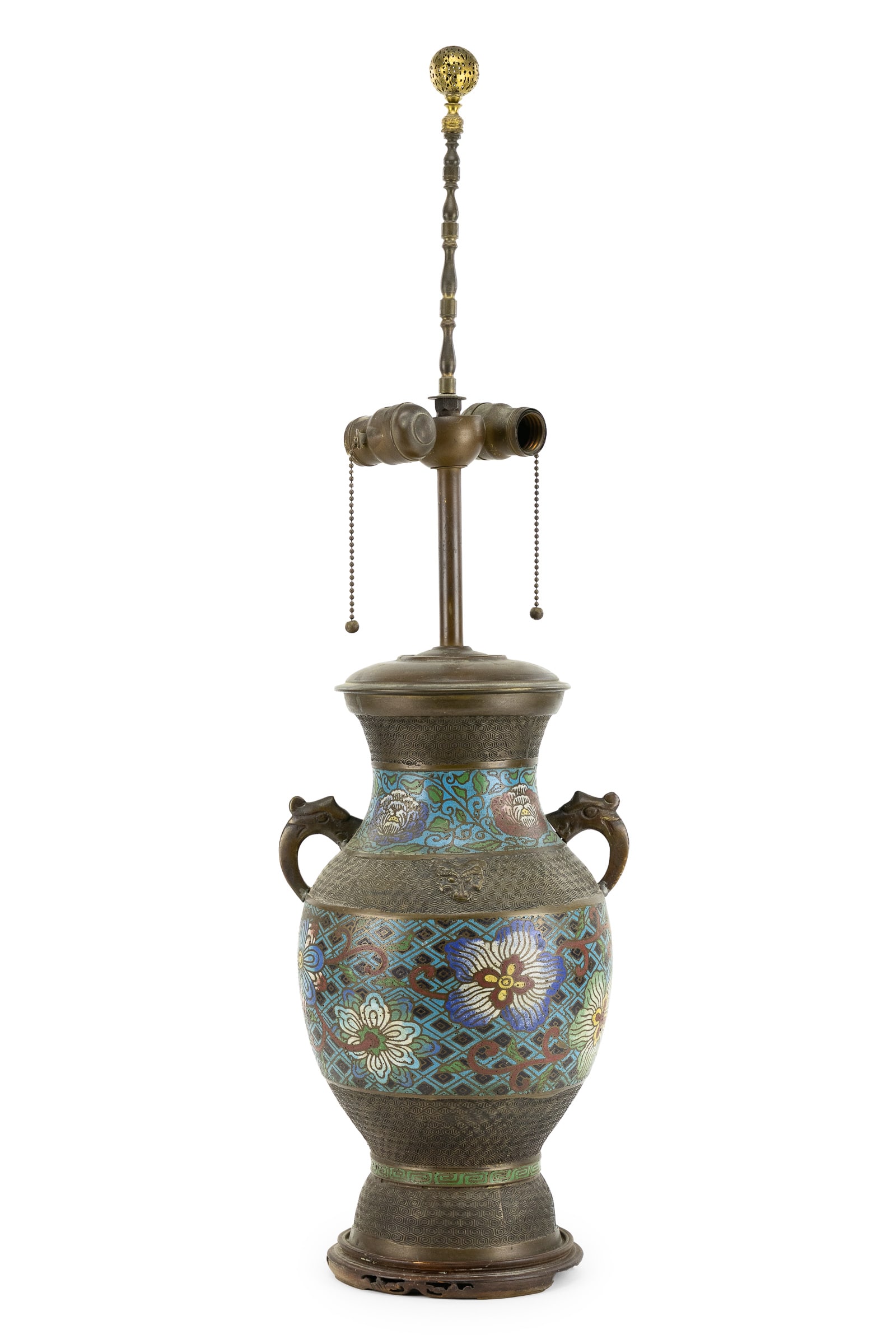 Japanese Champleve Bronze Vase Lamp: Japanese Meiji Period Champleve floral enamel decorated cast bronze vase, drilled and converted to a lamp circa 1920 8" x 31" overall, needs rewiring, otherwise very good overall condition.