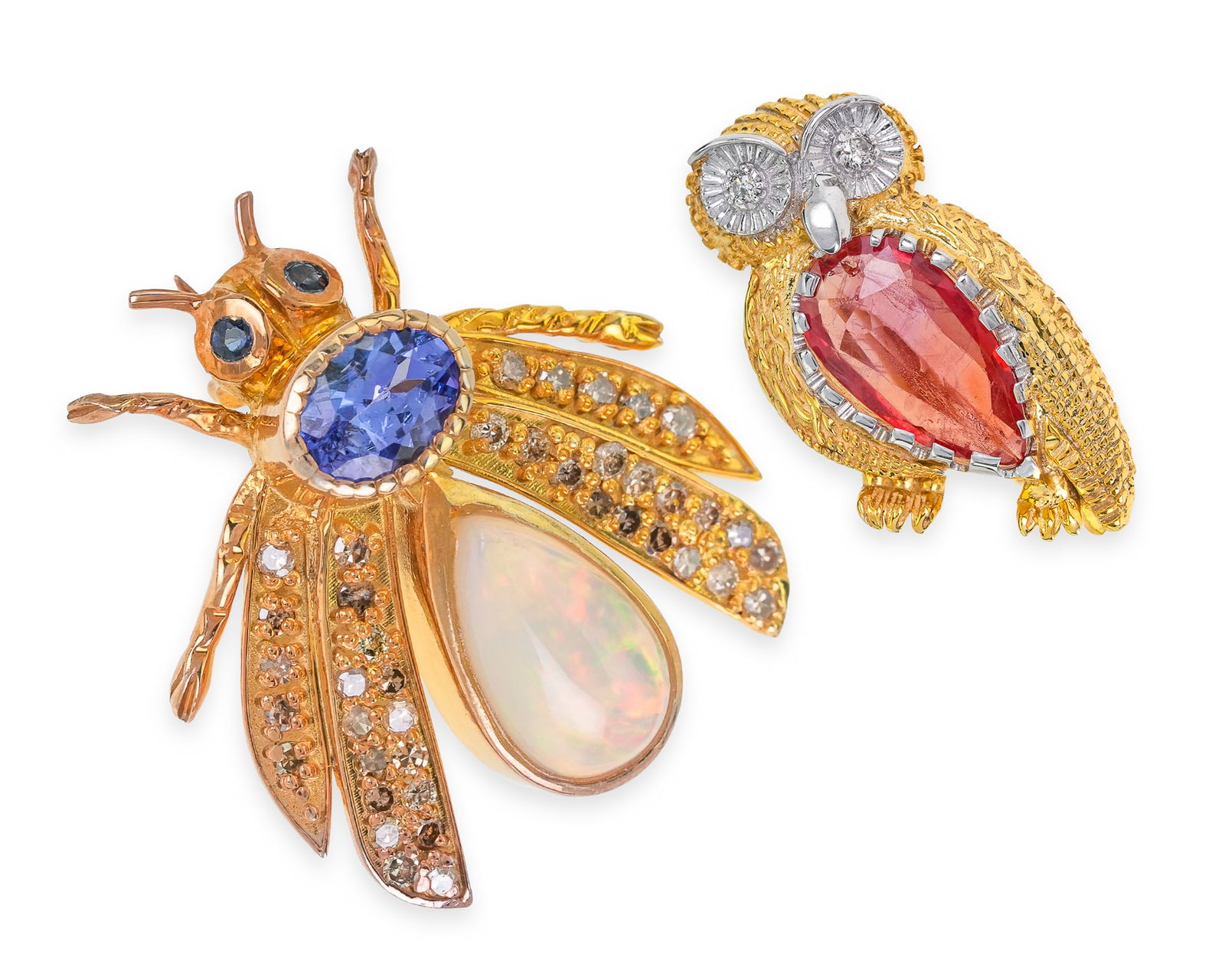 Bug & Owl Pins: Two figural pins, bug & owl. 14k yellow gold & sterling. Bug set with oval 1 ct blue tanzanite, teardrop opal, & small diamonds on wings, 1" long. Owl set with pink tanzanite and diamond eyes, 7/8"