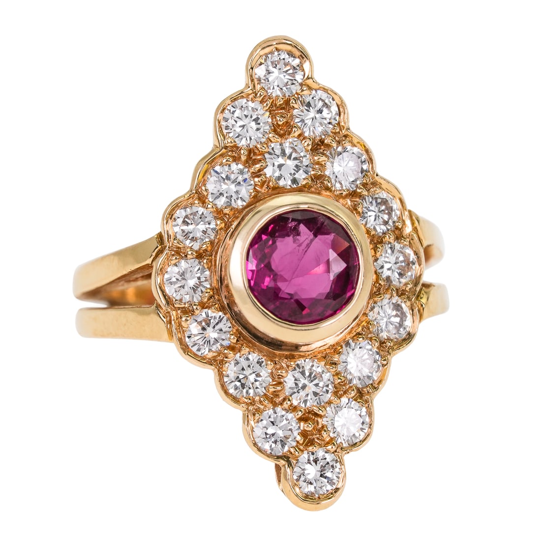 Fine Burma Ruby & Diamond 14k Ring: 14k yellow gold ring with center bezel set round cut Burma ruby, 1.2 cts. Set with a marquise pattern top having 18 round cut diamonds, .1 cts each, F-G VS1, approx. 1.8 cts.t.w. diamonds. Ring size 6