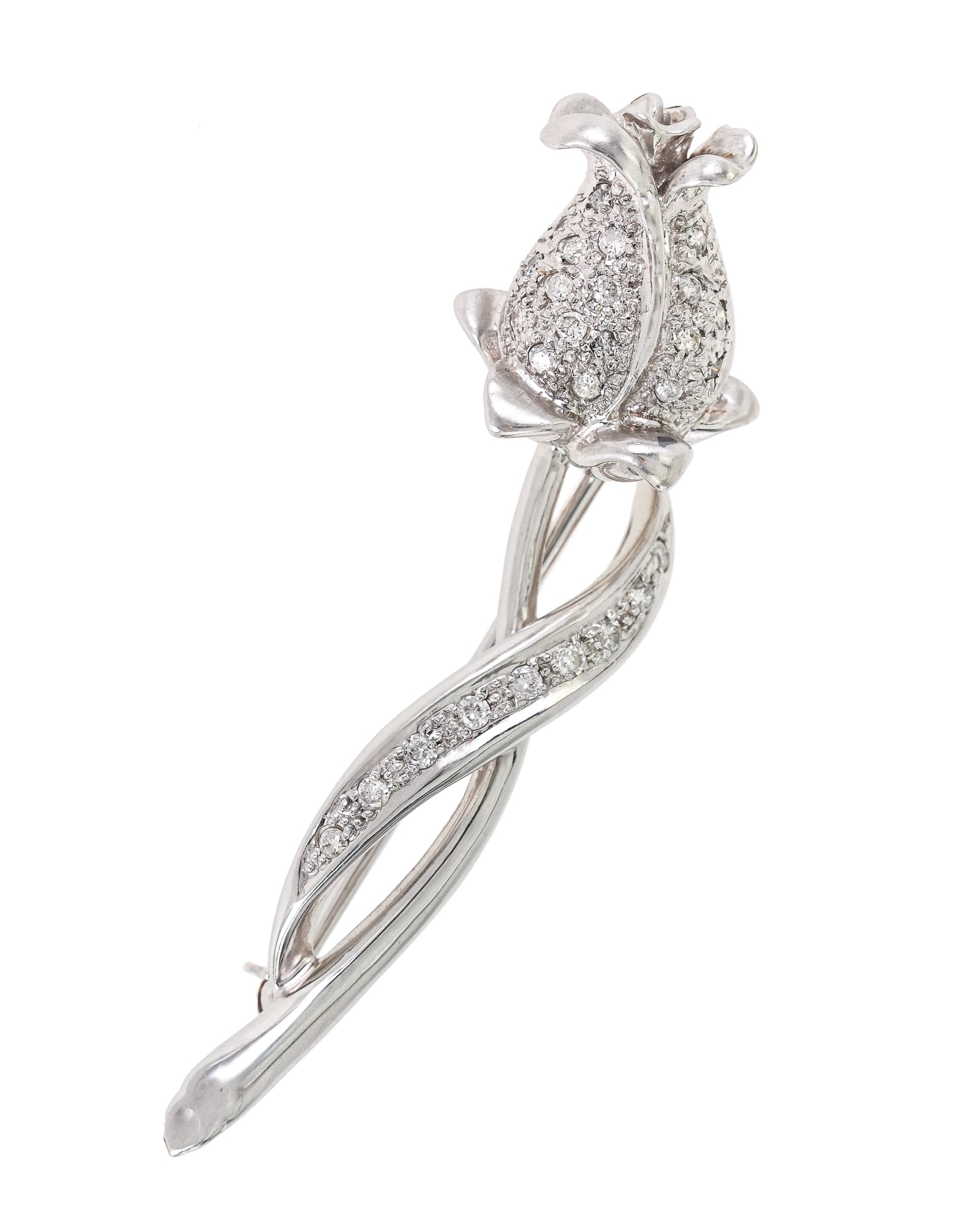 14k & Diamond Rose Brooch Pin: 14k white gold brooch pin in the form of a rose, set with 27 .03 ct round cut diamonds, approx. 1 ct.t.w diamonds. 2" long. 6.44 grams t.w.