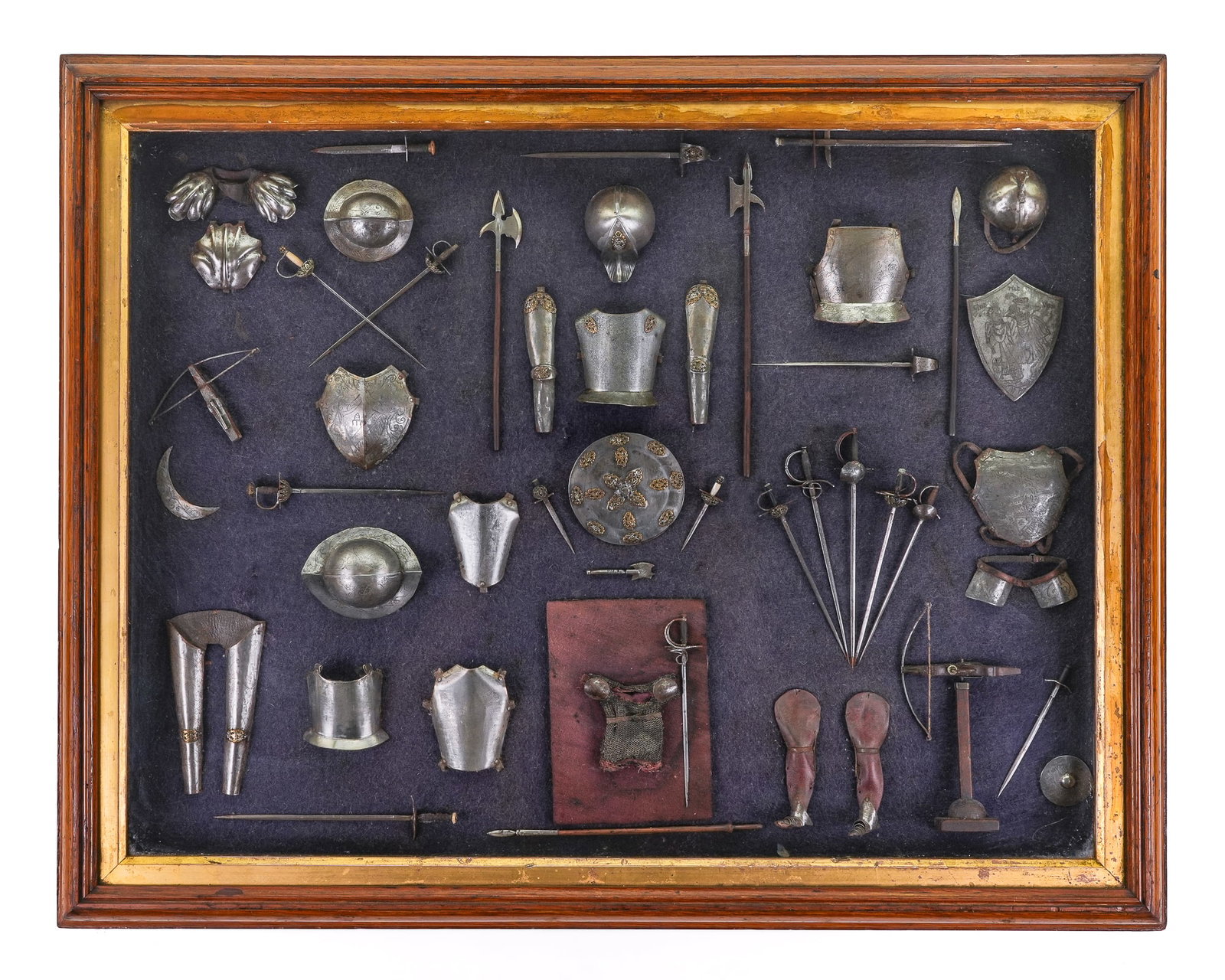 19th c Shadow Box Display of Ancient Armor: Victorian 19th c black walnut shadow box with interior display of Spanish armor from the 16th & 17th c done in miniature. Swords, leather, crossbows, armor, helmets, shields, daggers, chainmail, pikes