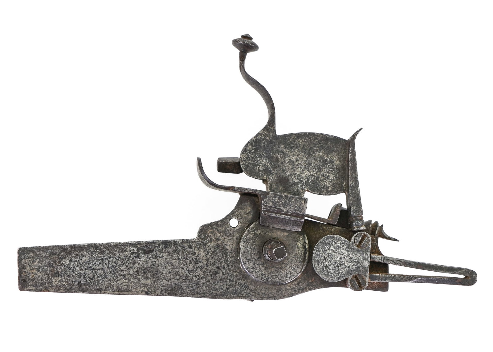 Ca. 1600 Wheellock Mechanism: Ca. 1600 European iron wheel-lock firearm mechanism. Engraved with a hunting scene, flowers, stag, & hound. 8 1/2" x 5 1/2". Overall good condition for age.