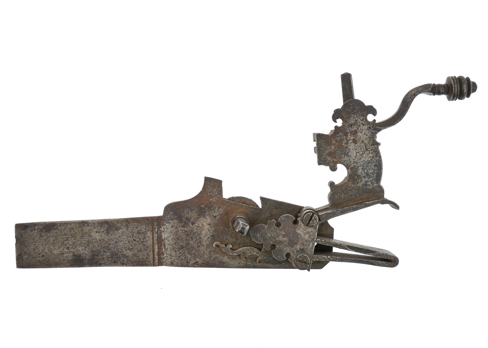 Ca. 1600 Wheellock Mechanism: Ca. 1600 European iron wheel-lock mechanism. Signed Travvistain. Most likely for a musket. 9" x 6" x1".
