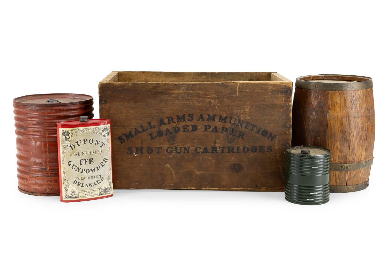Powder Kegs, Tins, & Box: Antique powder kegs including Telegraph Sporting Gun Powder 8" oak casket with label, Hazards Powder red keg tin with labels 7", Dupont DeNemours Powder green small keg tin with label 3 1/2", Dupont S