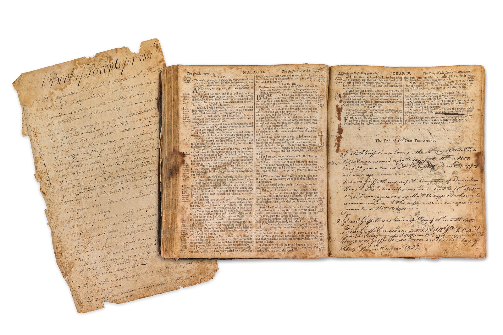 1801 VT Quaker Record & Bible: 1801 VT/ NY Quaker Meeting handwritten record organizing at Middle Hero (Grand isle, VT) appointing Seth Griffith Clerk. Members of the Society of Friends listed include William Keese (Keeseville, NY)