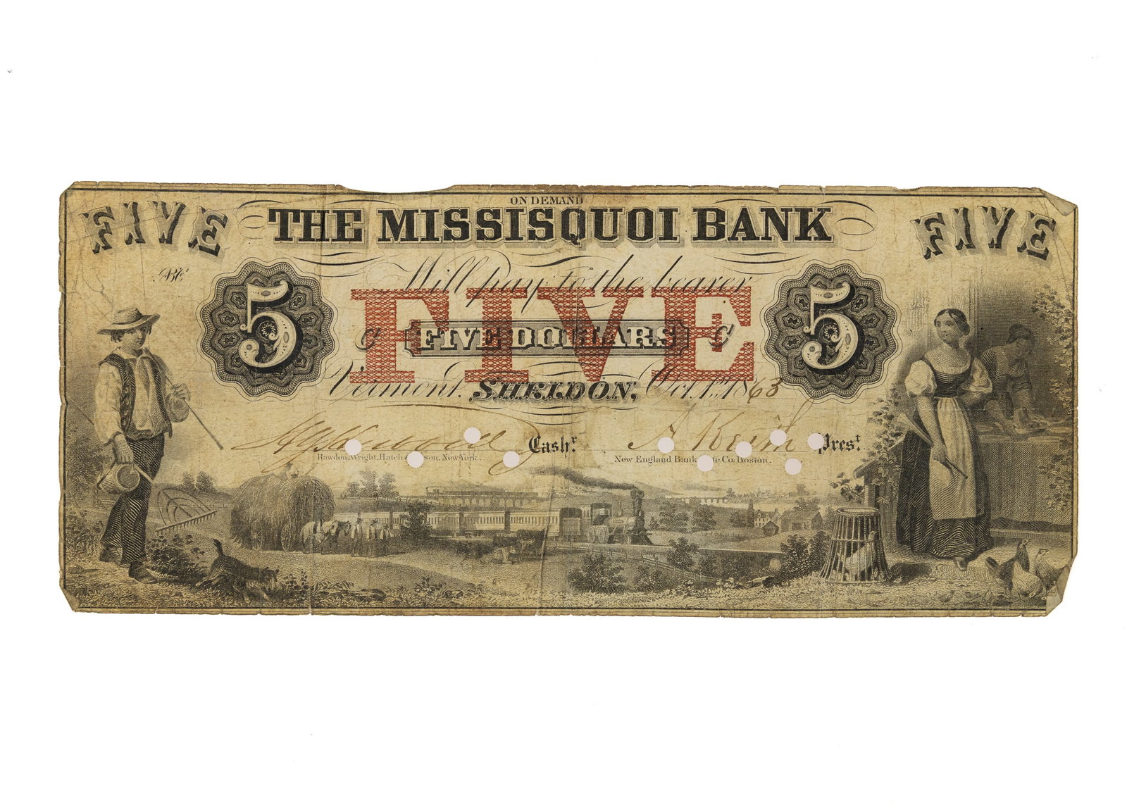 1863 Missisquoi Bank $5 Bank Note: 1863 Missisquoi Bank, Sheldon, VT redeemed $5 bank note