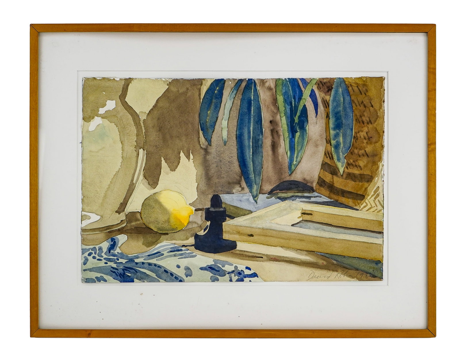 David Rohn (AM 1934-2025) Still Life WIth Lemon: David Rohn (American 1934-2025) Still life with lemon- watercolor on paper 15 x 22.5" 23.5 x 30" as framed Rohn's extraordinary gift of playful observation creates compositions of unexpected appreciat
