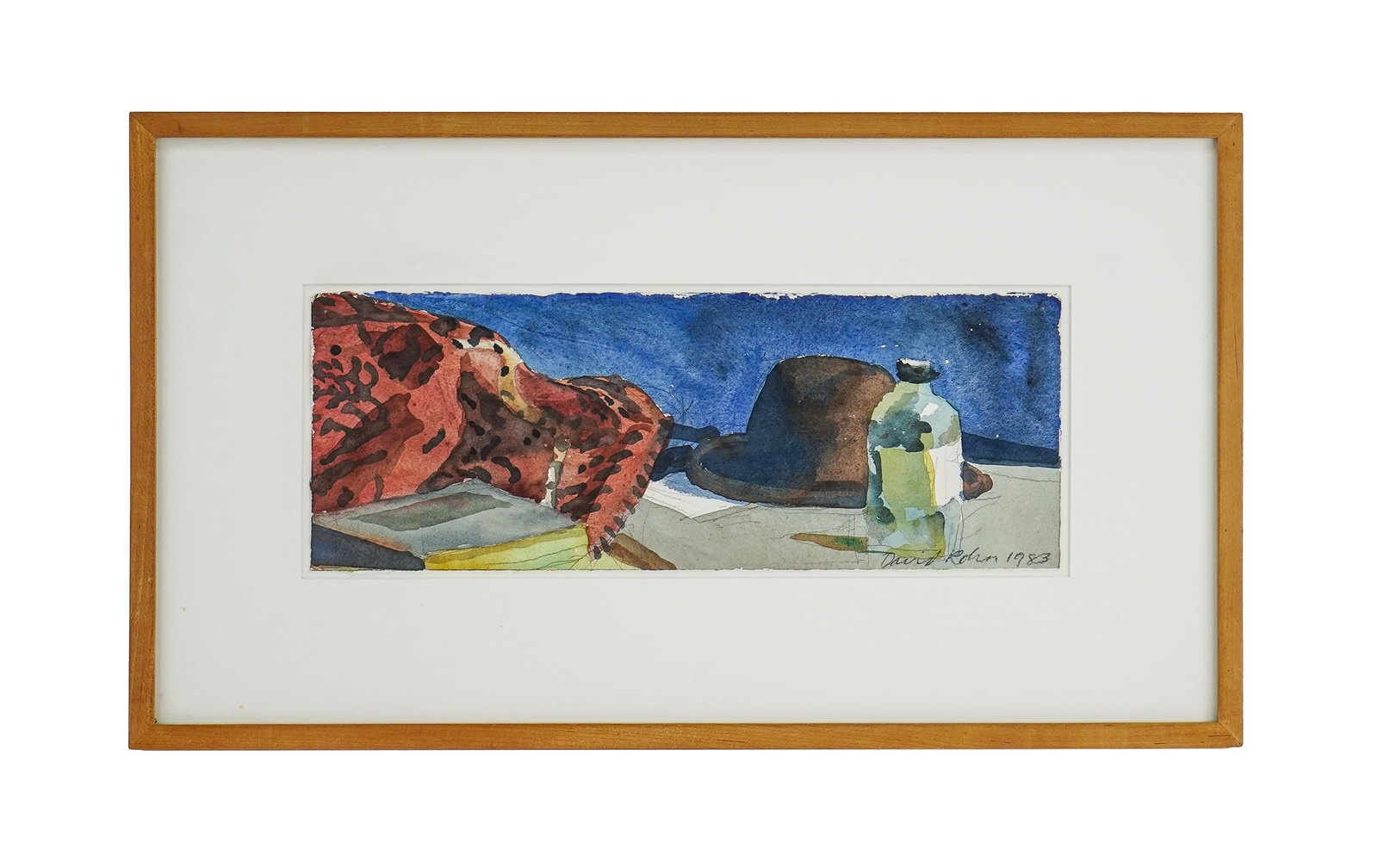 David Rohn (AM 1934-2025) Still Life with Bottle: David Rohn (American 1934-2025) Still Life with Bottle watercolor on paper signed lower right - 6 x 15" 13 x 22" Rohn's extraordinary gift of playful observation creates compositions of unexpected app