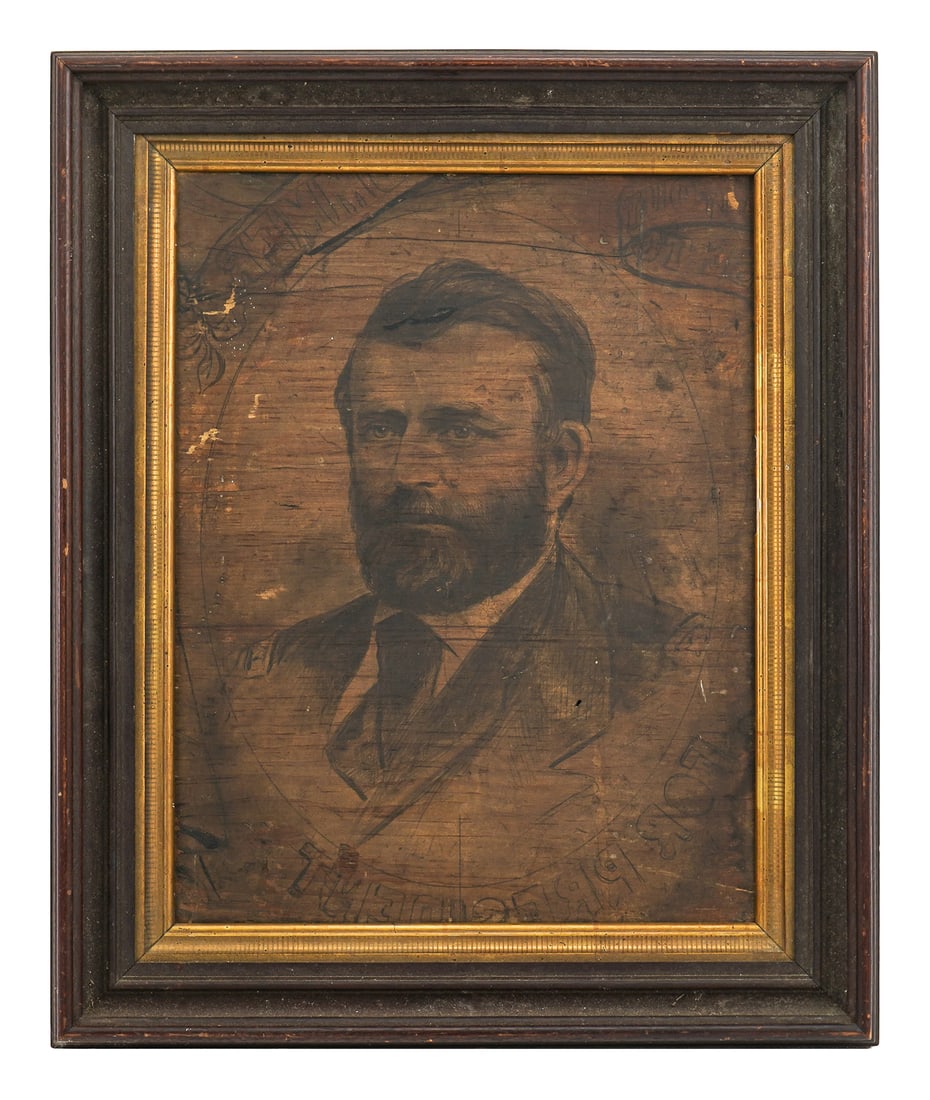 US Grant lithograph print error, enhanced with pencil: 19th c Lithograph on panel printed in reverse, later enhanced with pencil. Fragment of a US Grant 1868 Campaign Poster- Board is cut or only partial with TNEDISREP ROF and REMM.... Surrounding image 1