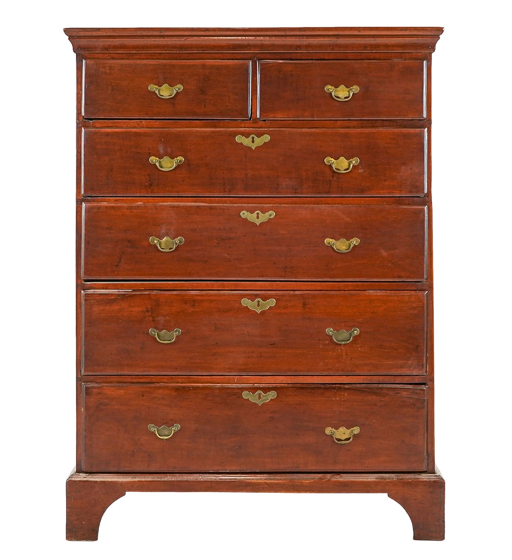 18th c Chippendale Tall Chest: 18th c Chippendale cherry tall chest, 2 over 4 drawers, lipped, case width 36", ht 51 1/4", width with top molding 38", 2 drawers with well executed lip repairs