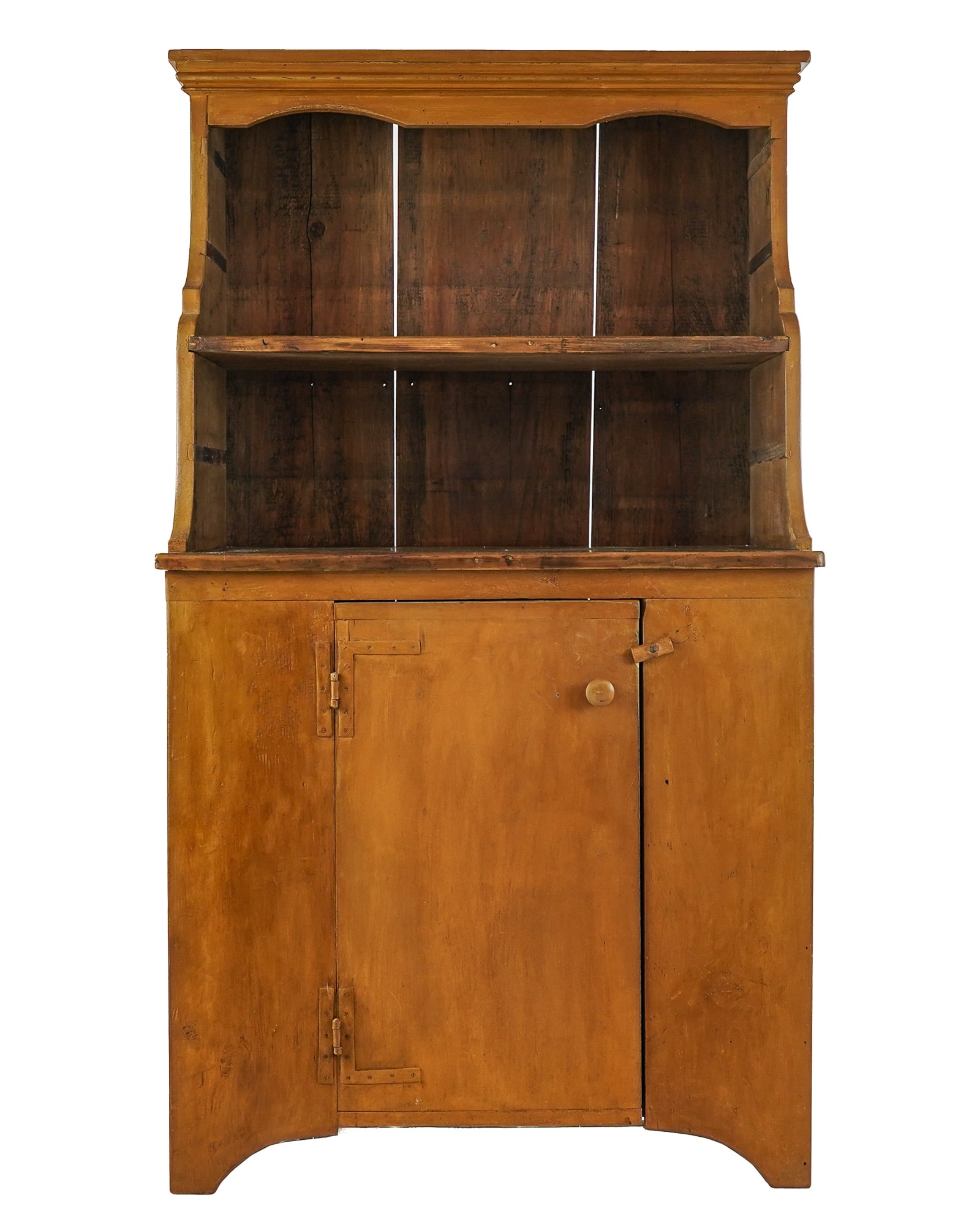 Open Top Cupboard with HL Hinged Door: 19th/ 20th c open top cupboard with single lower door, reproduction HL hinges, later pumpkin yellow paint, rebuilt from old parts, width 34 1/2", ht 62"