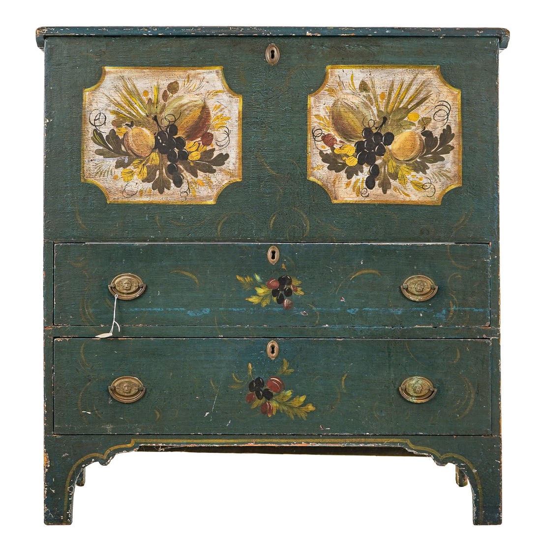 Hepplewhite 2 Drawer Lift Top Blanket Chest: Early 19th c Hepplewhite 2 drawer lift top blanket chest in later blue paint, with later paint decoration, width 38", ht 41 1/2"