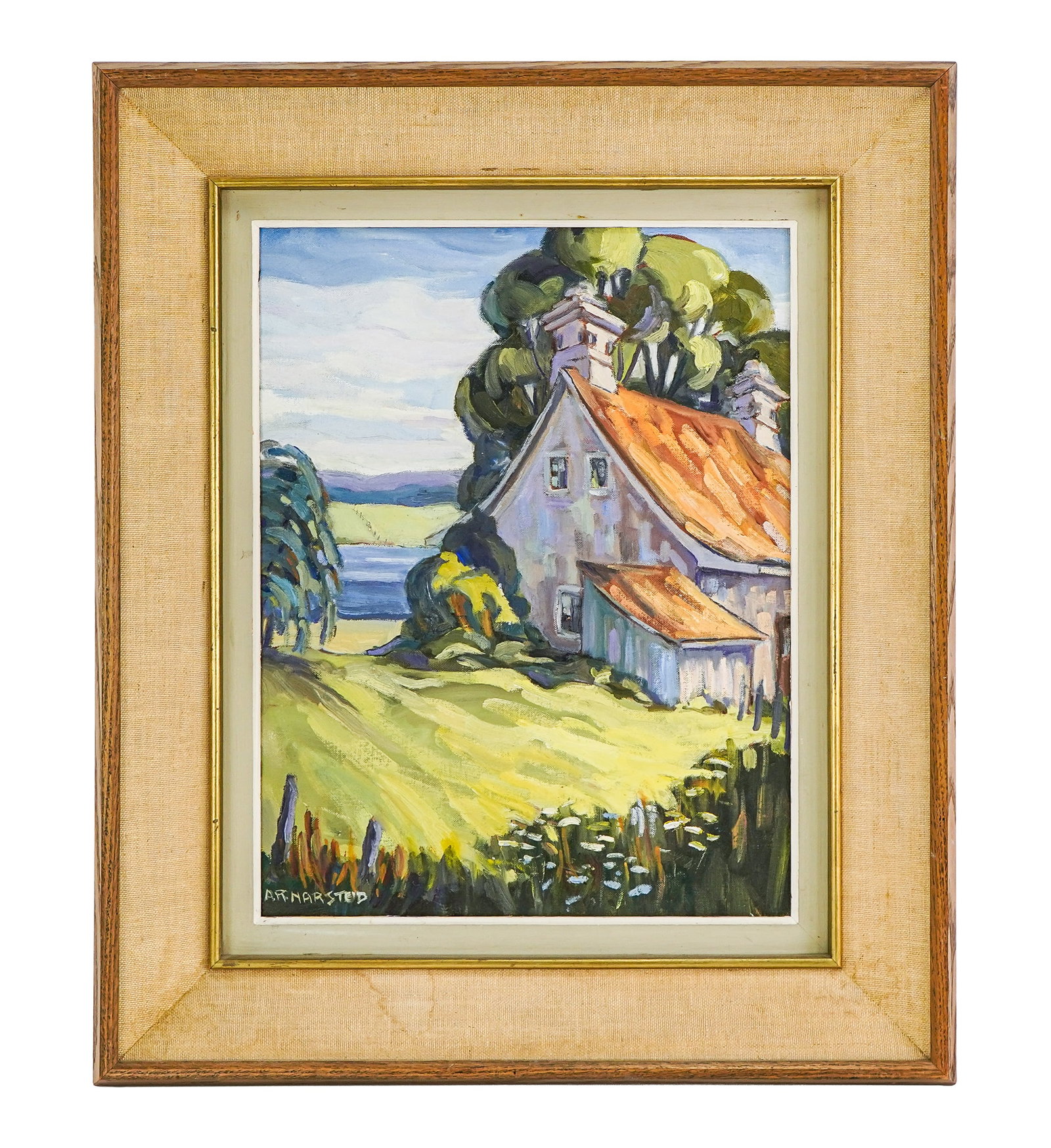 A Ruth Narsted (CA 20th c) Landscape with Barn: A Ruth Narsted (Canadian 20th c ) Landscape with barn oil on board signed lower left 18 x 14" 26 x 22" as framed. Narsted's works are influenced by the Group of Seven. She is known for her pastoral