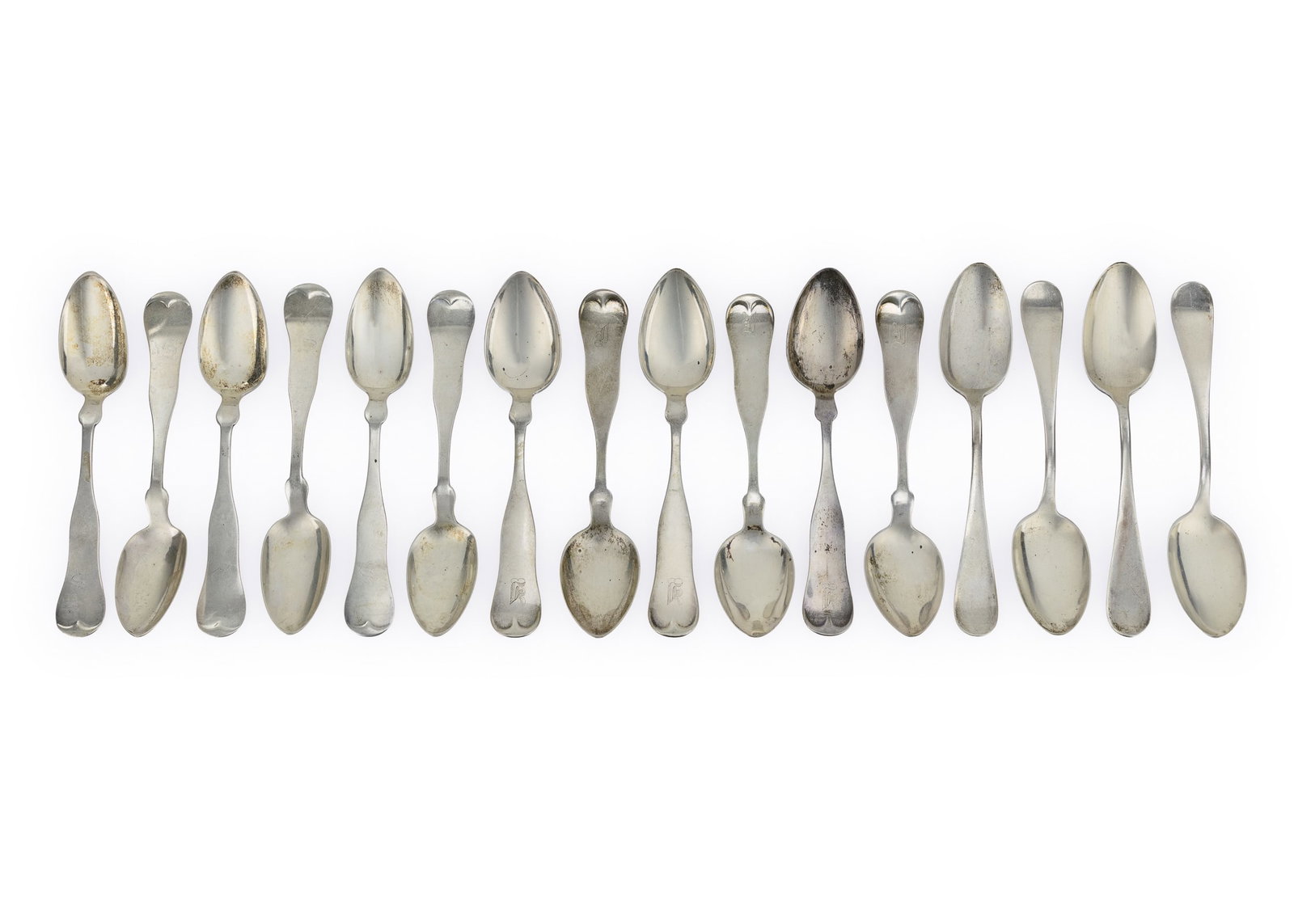 16 Sterling Silver Teaspoons by Various Makers: Group of 16 sterling silver teaspoons, most in an "antique tipt" style, accompanied by 4 Towle "Warren" pattern 5.75" 10.7 ozt.