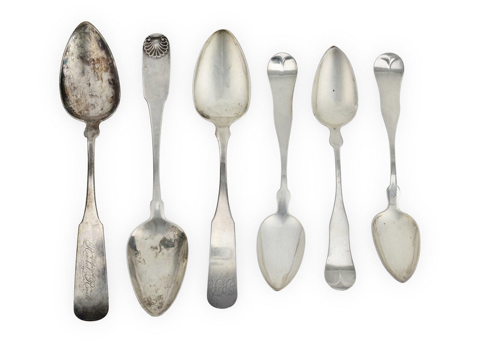 6 Early American Coin Silver Teaspoons: Group of 6 Early American coin silver tablespoons by various markers including including Jones, Low and Ball, Boston, MA, two by S.E. Young and Co. Laconia, NH, and one by Palmer, Batchelder and Co Bo