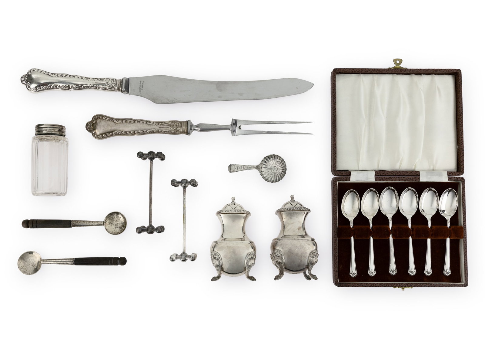 Collection of Small Sterling and Plated Articles: Collection of small sterling and plated articles including a 19th c. English sterling tea caddy scoop, Birks Montreal sterling handled carving set, a pair of Birks Regency Plate gadrooned pepper pots,