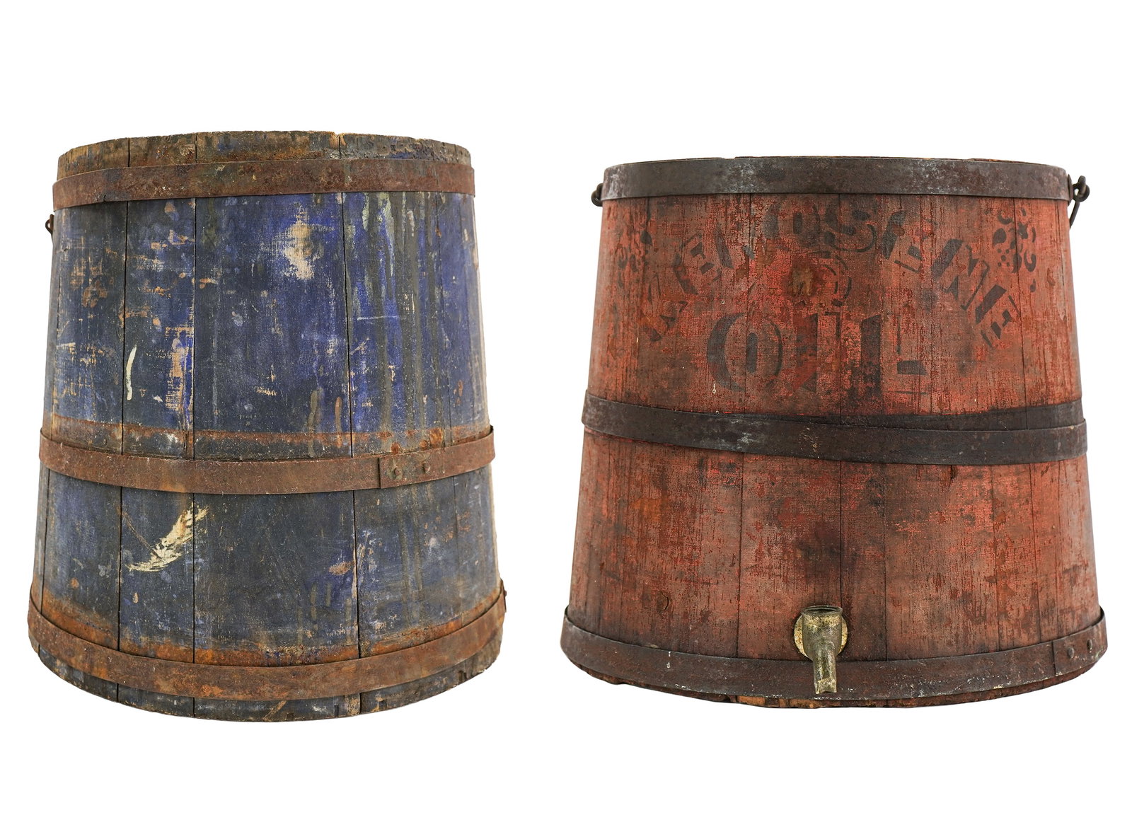 Wooden Buckets in old Blue, old Red Paint (1 of 9)