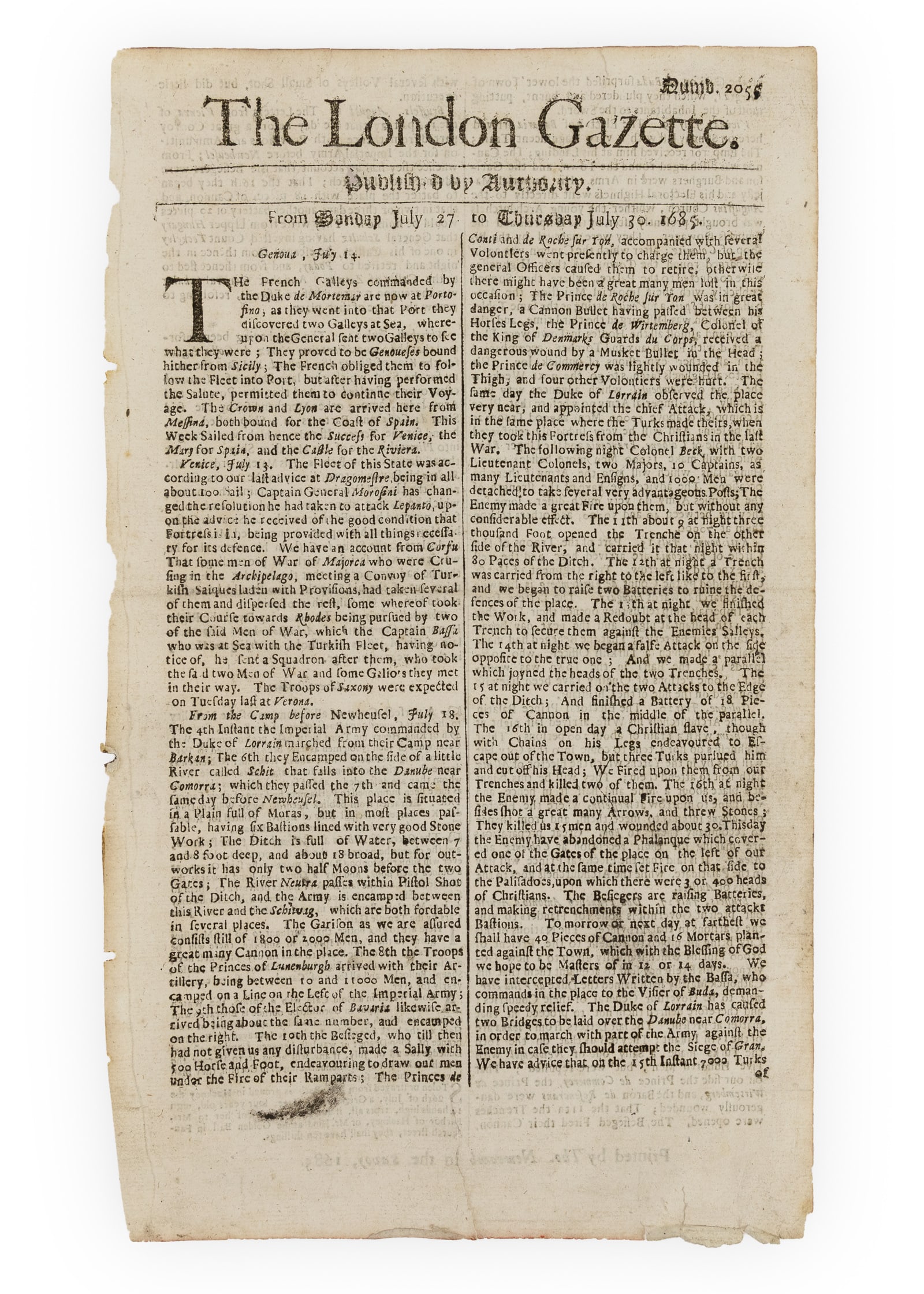 1685 London Gazette Habsburg/Ottoman War: July 30, 1685 London Gazette with news of the war against the Ottoman Turks, including the Turks overrunning a town and putting most of the inhabitants to the sword. The Habsburg/ Ottoman War (1683-16