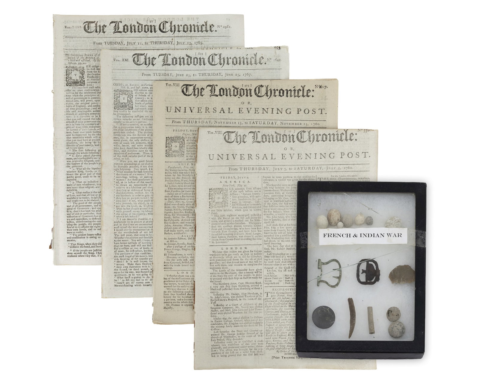 1760-1769 French & Indian War Newspapers, Relics: 1760-1769 The London Chronicle French & Indian War era newspapers (4 vols), including Nov 13-15, 1760 Amherst to Crown Point, Murray to Quebec, gage to Montreal (p 478), June 23-25, 1767 News from Bos