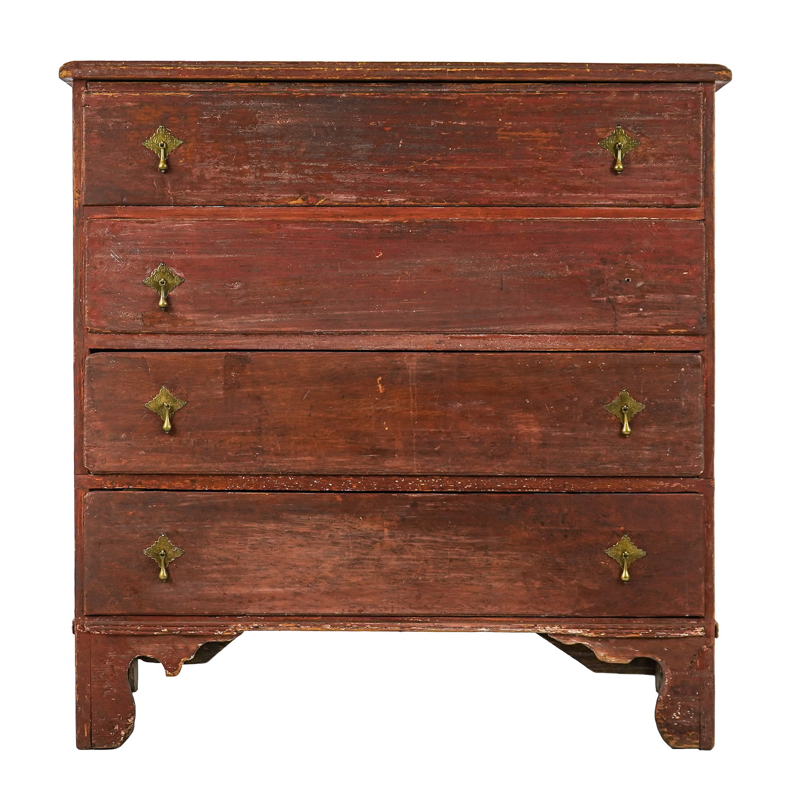 18th c Blanket Box in Red Paint: 18th c Chippendale style Pine blanket box with two false drawers over two real drawers. Drop style hardware- 39 x 38 x 18.5" pieced in repair at later hinges.