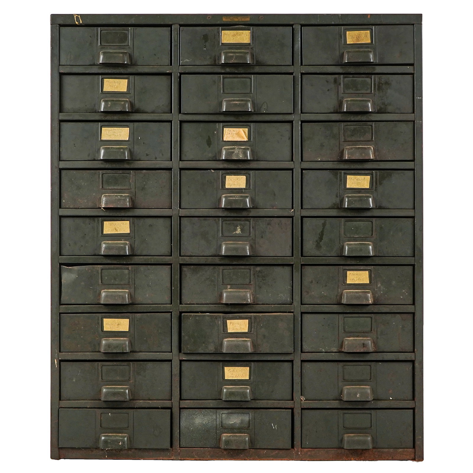 27 Drawer steel parts cabinet: Ca 1950 Steel parts cabinet with 27 drawers - "Production Dept" decal on top -36.5 x 32.5 x 13.5"