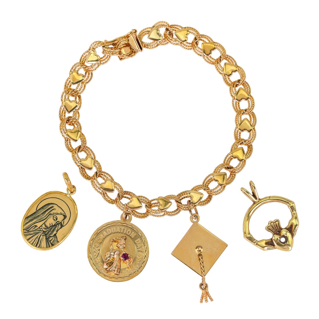 14k Yellow Gold Charm Bracelet: 14k yellow gold charm bracelet with 4 charms including a graduation cap. 15.5 grams t.w.