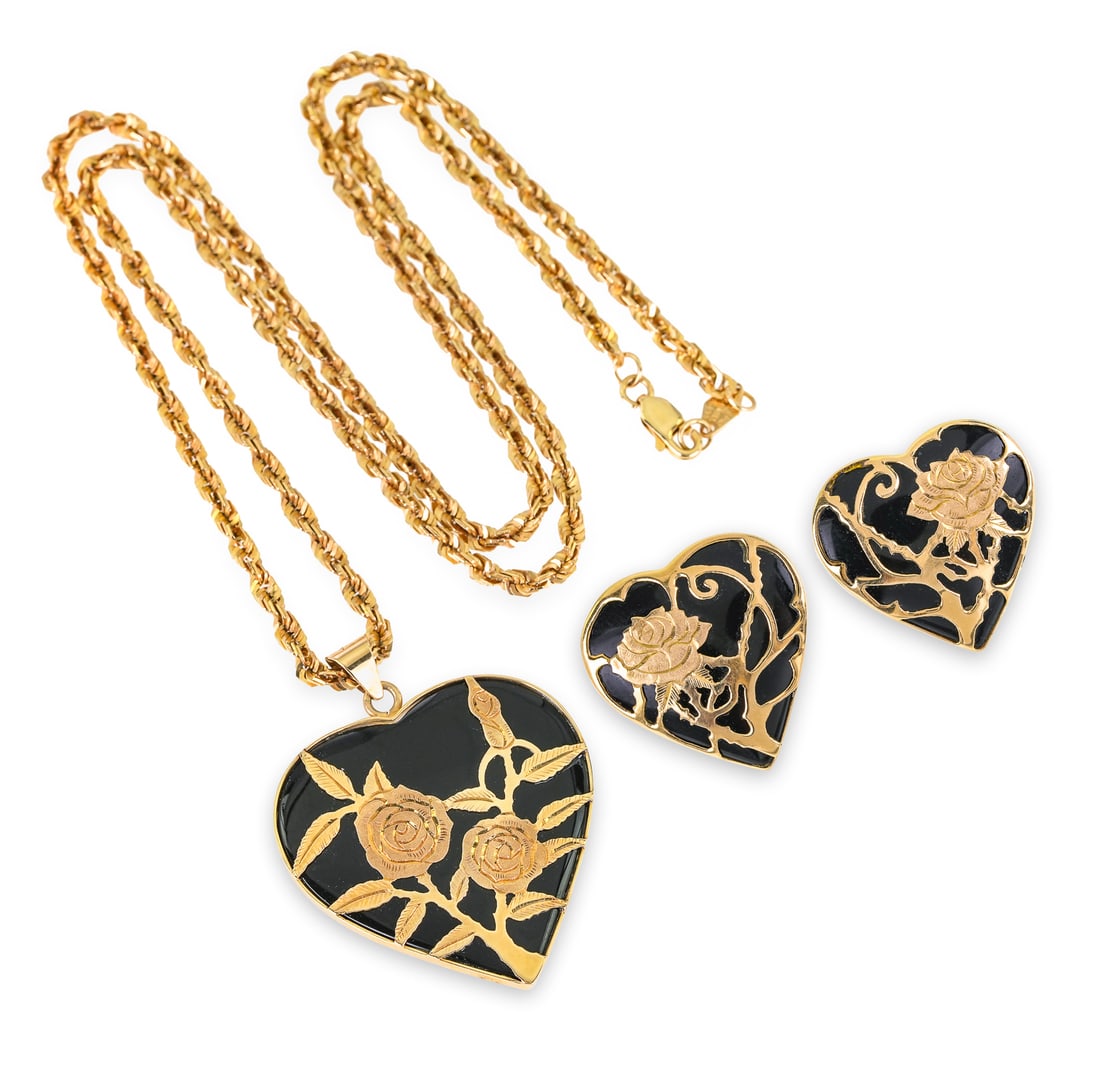14k & Onyx Necklace & Earrings: 3 piece set having a 14k yellow gold chain with a pendant having a 14k yellow gold frame around a heart shaped onyx with gold overlay flowers 1 1/4" long, with a pair of matching earrings 3/4" long. 2