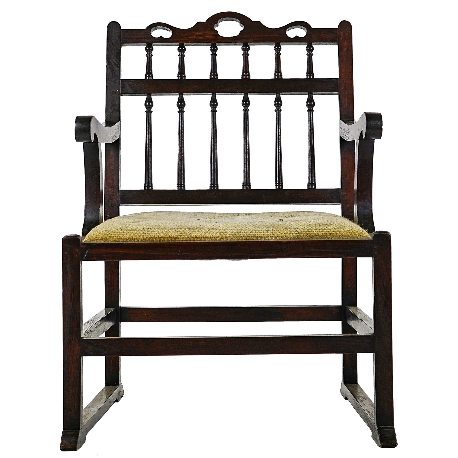 Georgian Walnut Drunkard's Armchair: Late 18th c English Georgian walnut "Drunkard's armchair", wide seat, double pinned joints, through tenon sled runner base, built to not tip over, seat ht 16", overall ht 33 1/2", width 23 1/2"