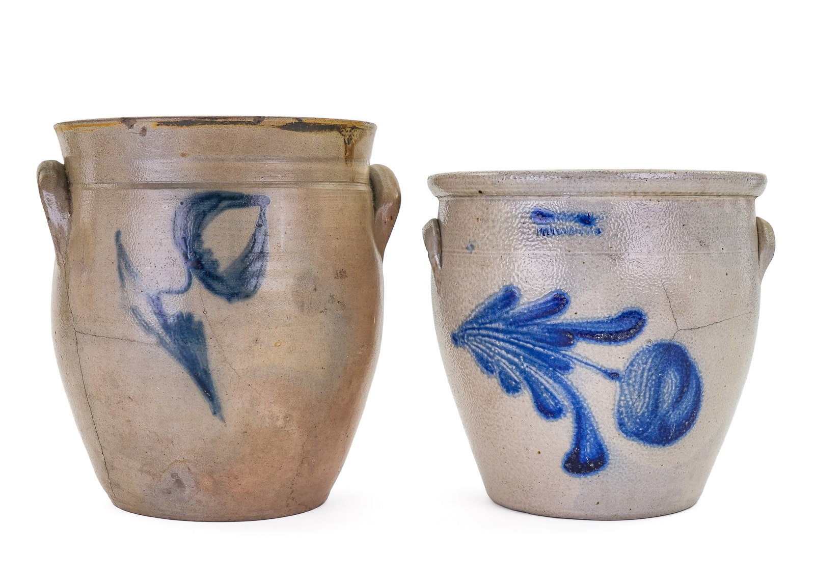 Two 19th c Blue Decorated Ovoid Crocks: Two 19th c blue decorated ovoid crocks, both about 1 1/2 gallons, both cracked, hts 8", 9 1/4", diameters 8 1/2"
