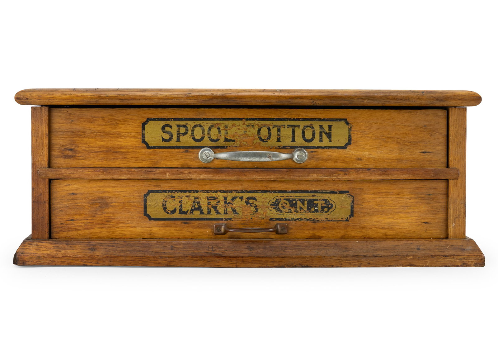 Clark Two Drawer Spool Cabinet: Clark's spool cotton two drawer countertop display cabinet,original decal advertising on all four sides, shows some wear, 21" x 15" x 8"
